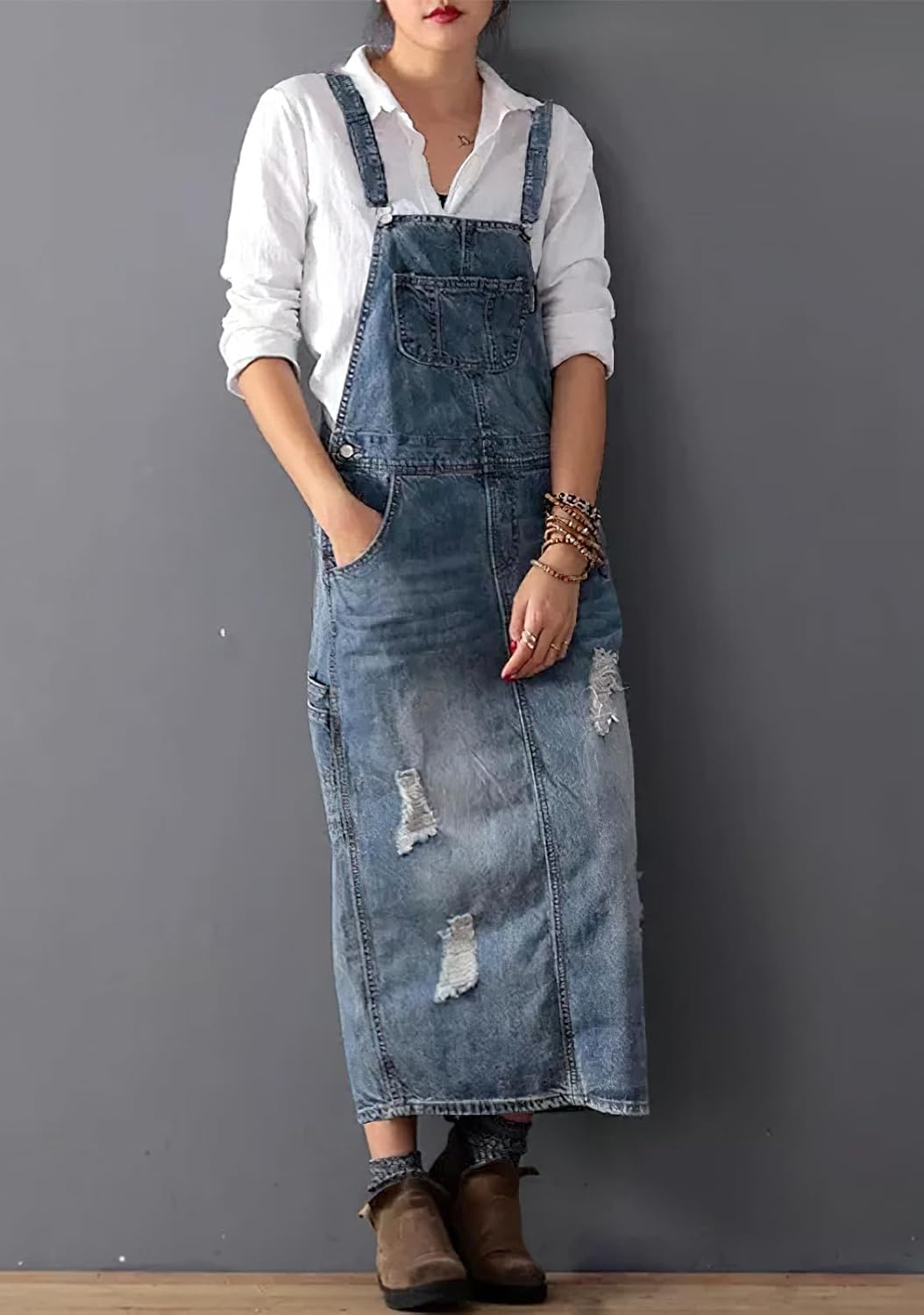 chouyatou Women's Adjustable Strap Distressed Denim Overall Dress A-Line Pinafore Jean Dress with Split