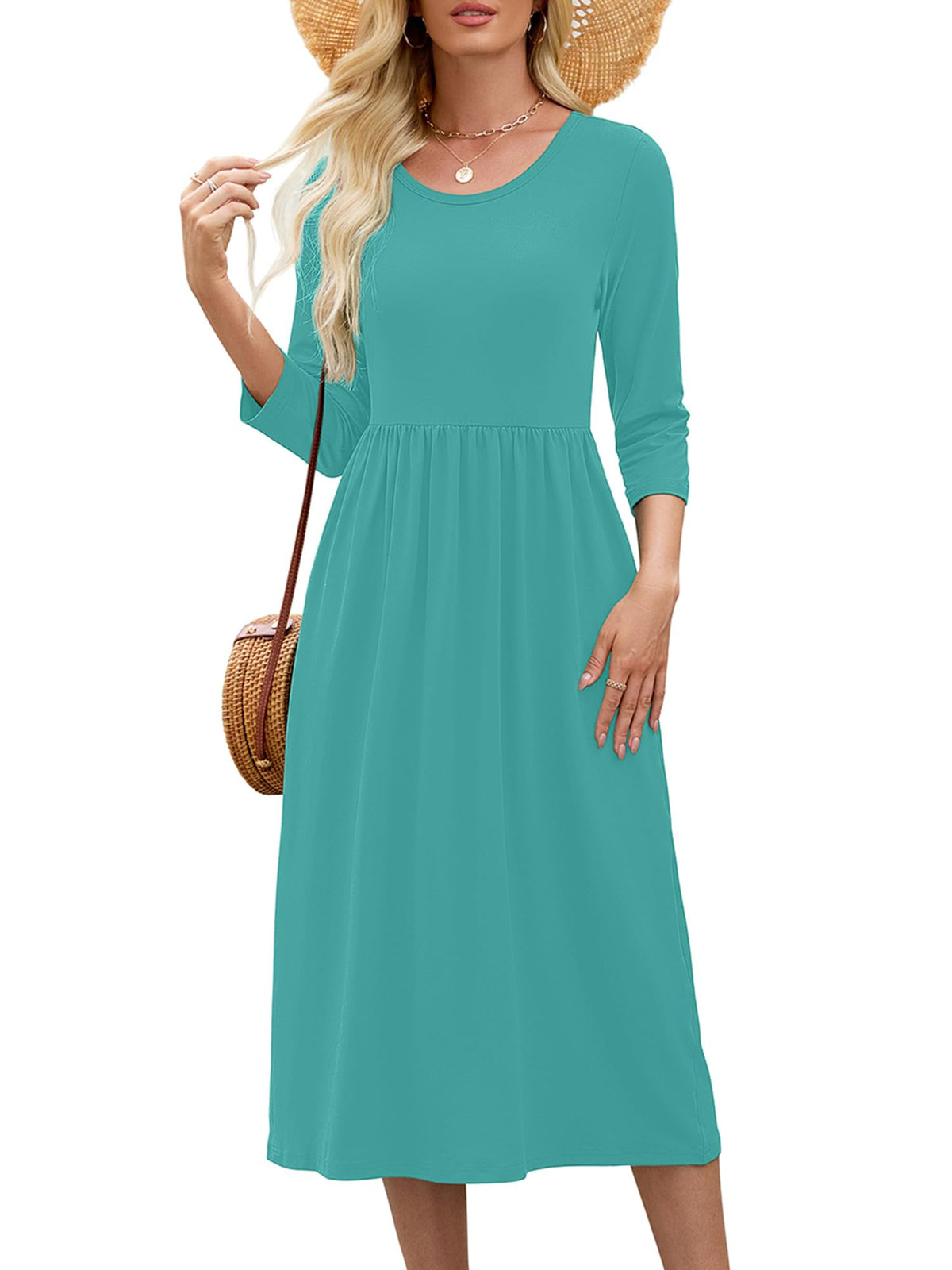 Heymoments Women's Casual 3/4 Sleeve Midi Dress with Pockets
