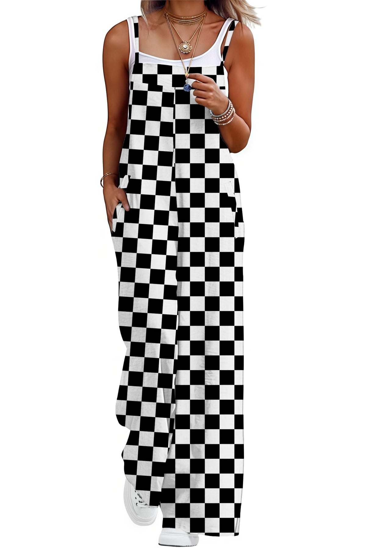 Lepunuo Womens Casual Loose Jumpsuits Summer Boho Wide Leg Rompers Sleeveless Overalls with Pockets
