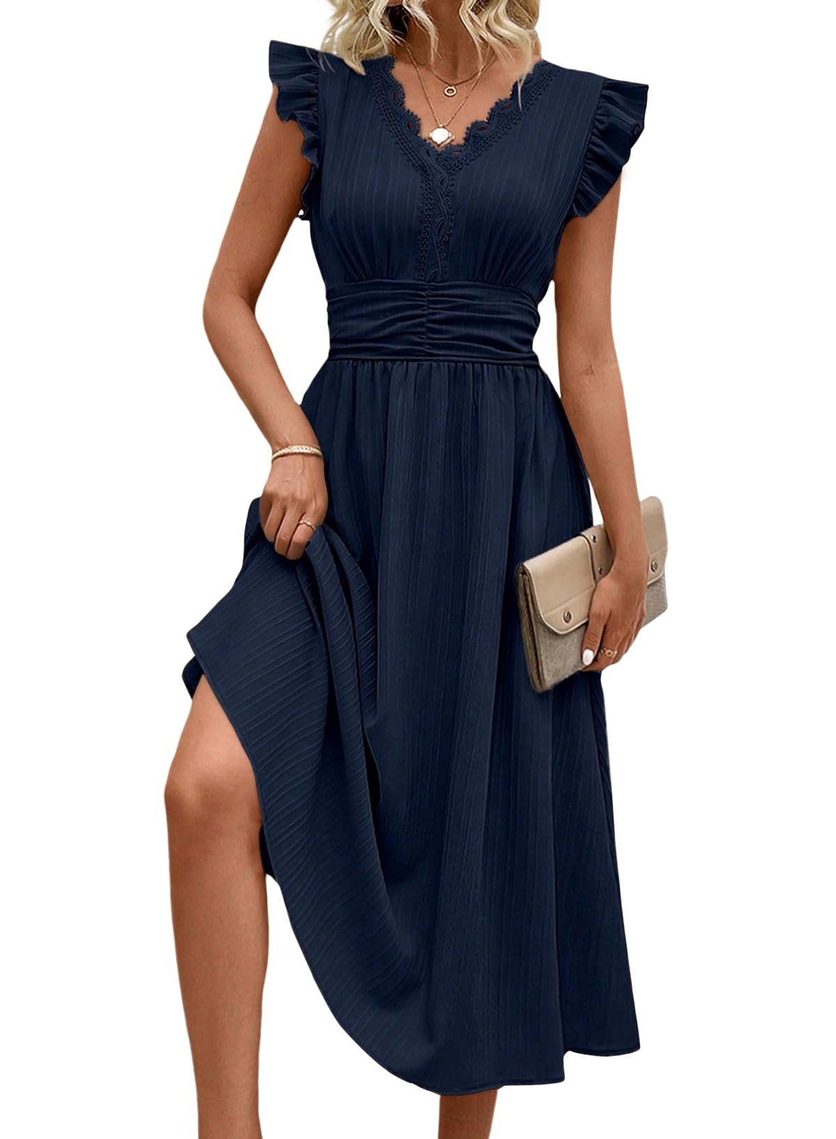SHEWIN Women Summer Elegant Ruffle Sleeve Dress Semi Formal Outfits