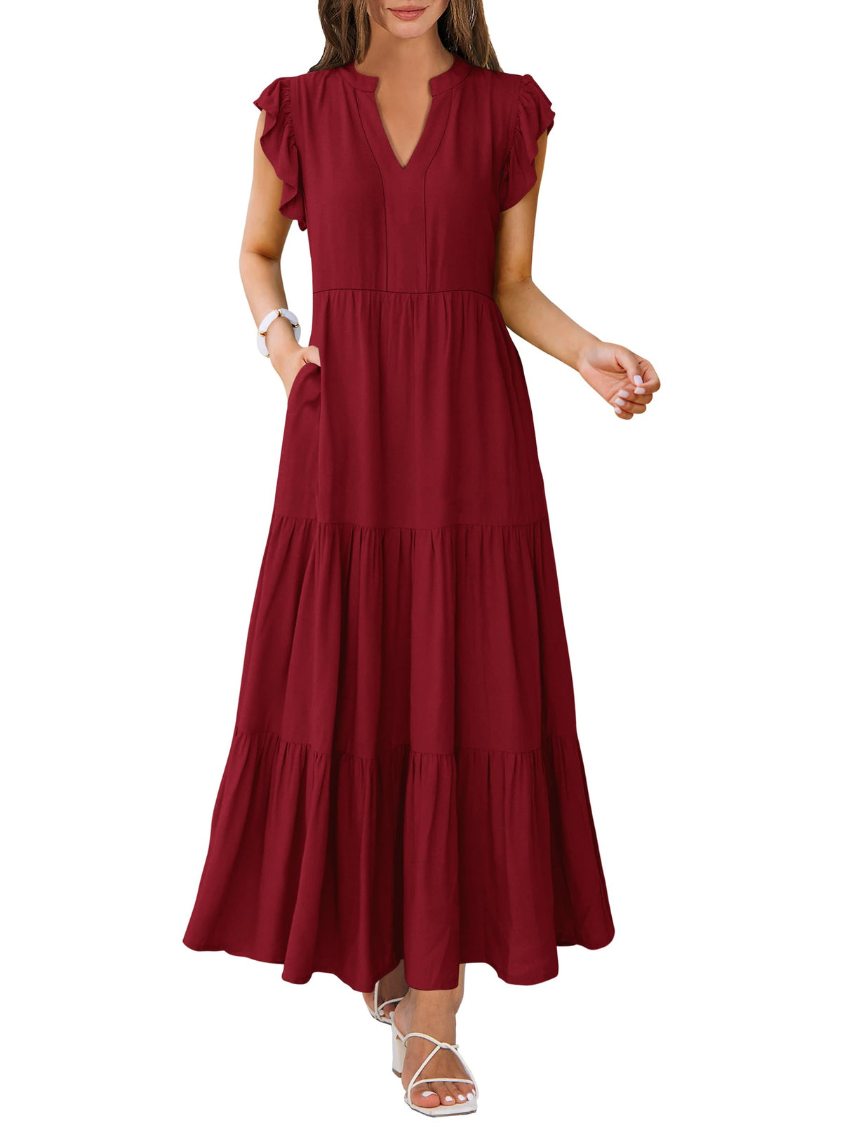 ANRABESS Womens Summer Dress Ruffle Sleeve V Neck Vacation Maxi Dresses