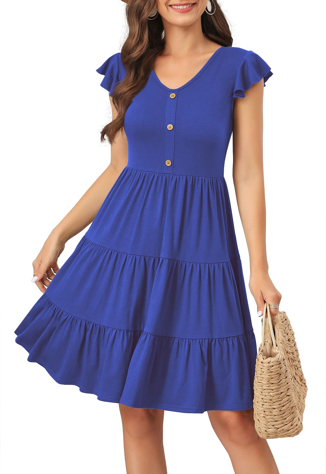 Lamilus Summer Dresses for Women 2026 Ruffle Sleeve V Neck Non-See Through Tiered Babydoll Mini Dress Graduation Beach