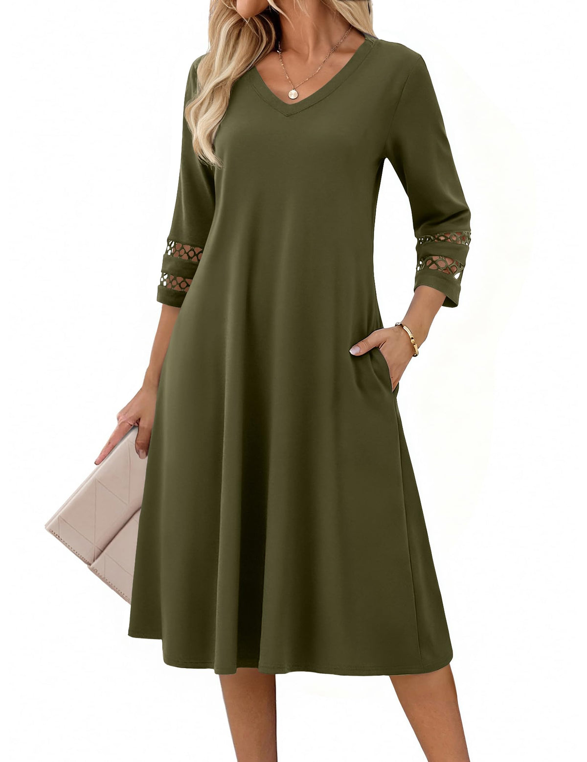 Zeagoo Women's Dresses 3/4 Sleeve Casual V-Neck A Line Eyelet Midi Dress