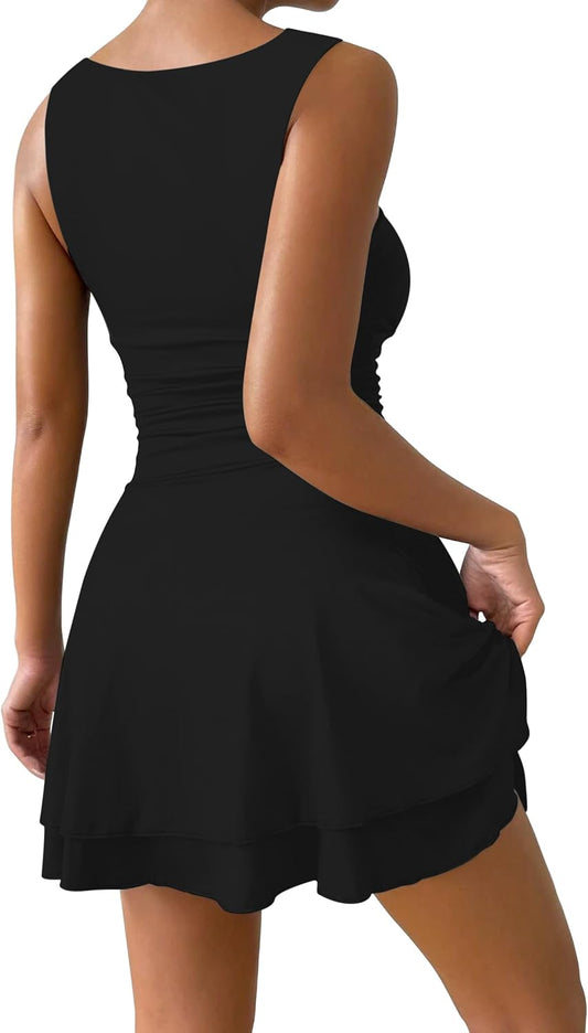IWD Women's Boat Neck Sleeveless Mini Dress Tiered Ruffle Hem Party Dresses