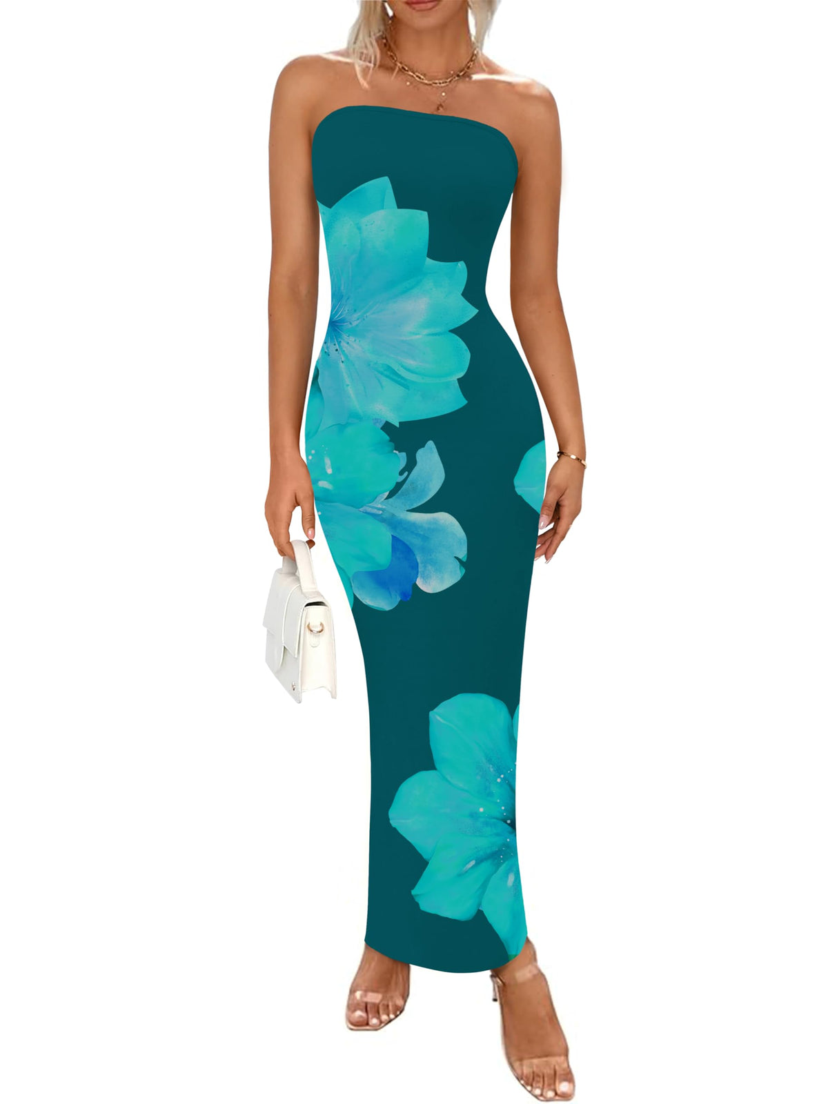 PRETTYGARDEN Women Summer Strapless Maxi Dress Tube Floral Bodycon Dresses