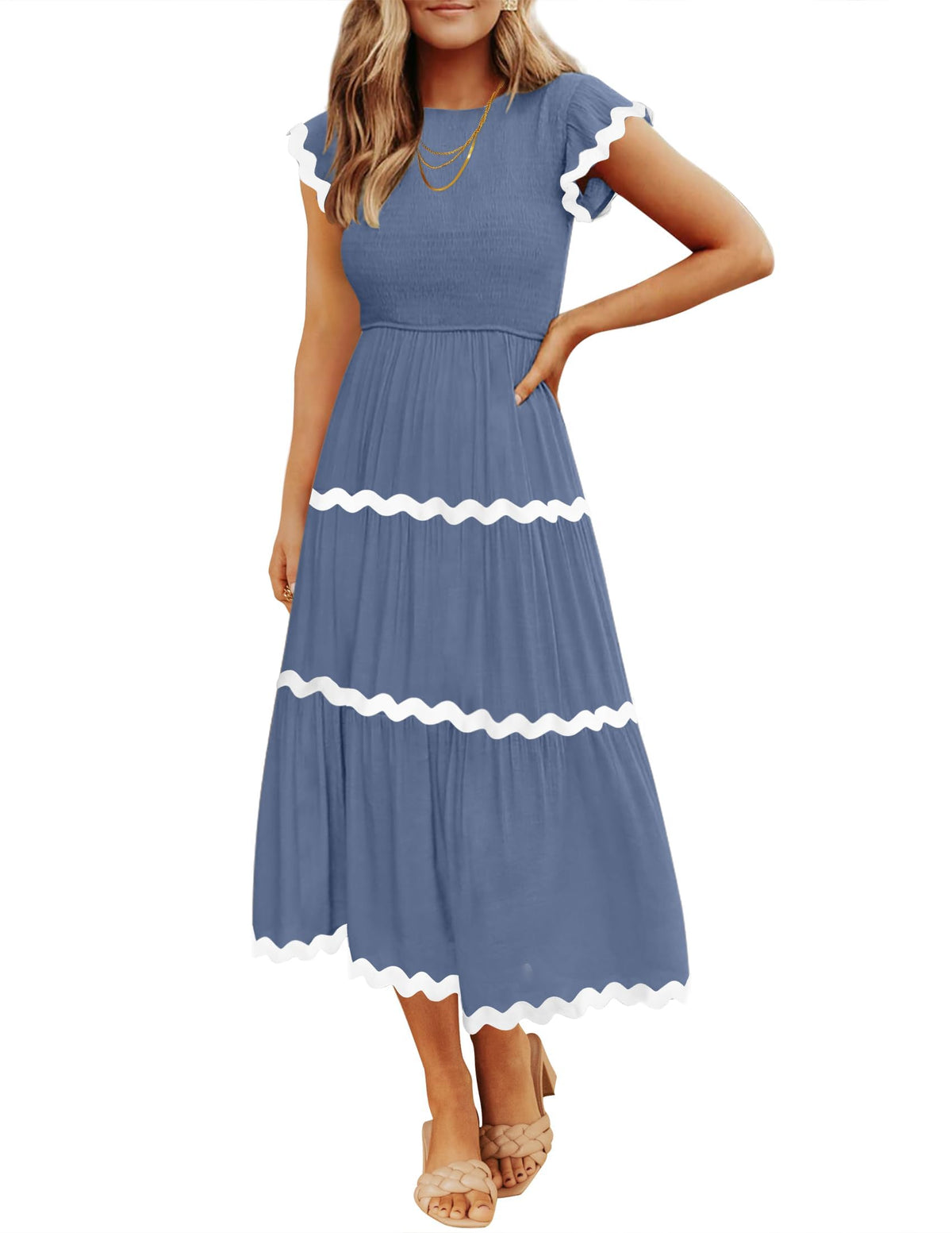 ZESICA Womens Summer Casual Smocked Flowy Midi Dress