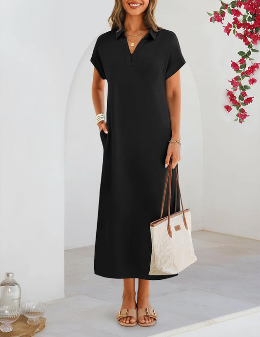 MEROKEETY Women's Summer Casual V Neck Collared T Shirt Long Maxi Dress