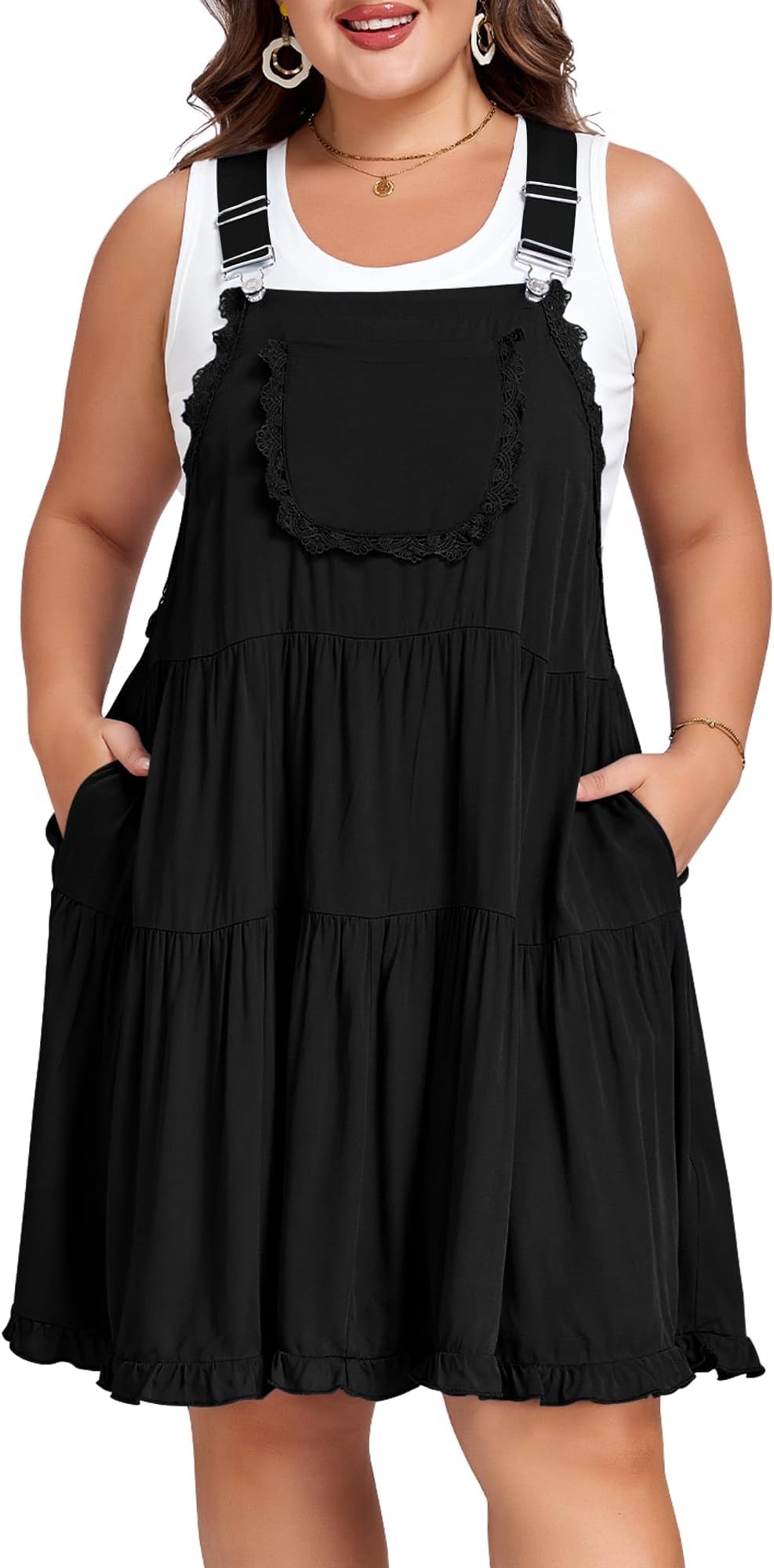 Moon Wood Plus Size Overall Dress for Women Adjustable Straps Lace Trim Jumper Dress with Pockets Tiered Mini Dress