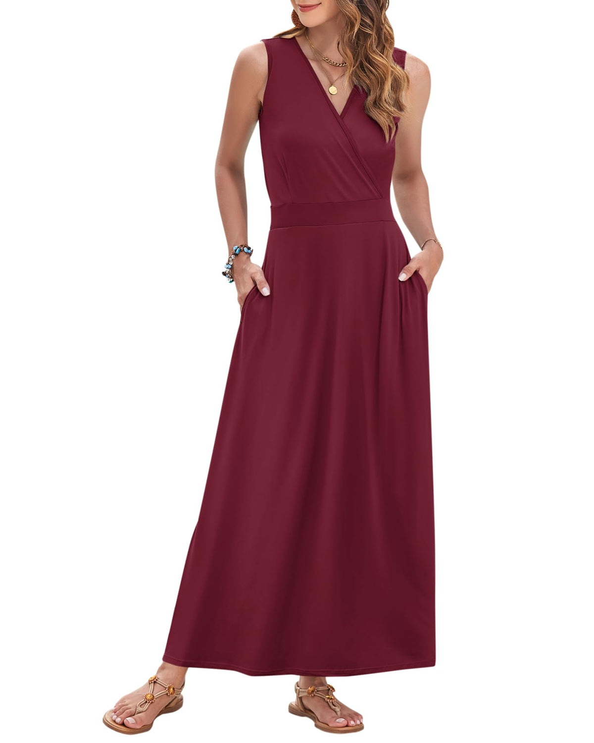 AUSELILY Womens Maxi Dress Summer Sleeveless Wrap Long Dresses with Pockets