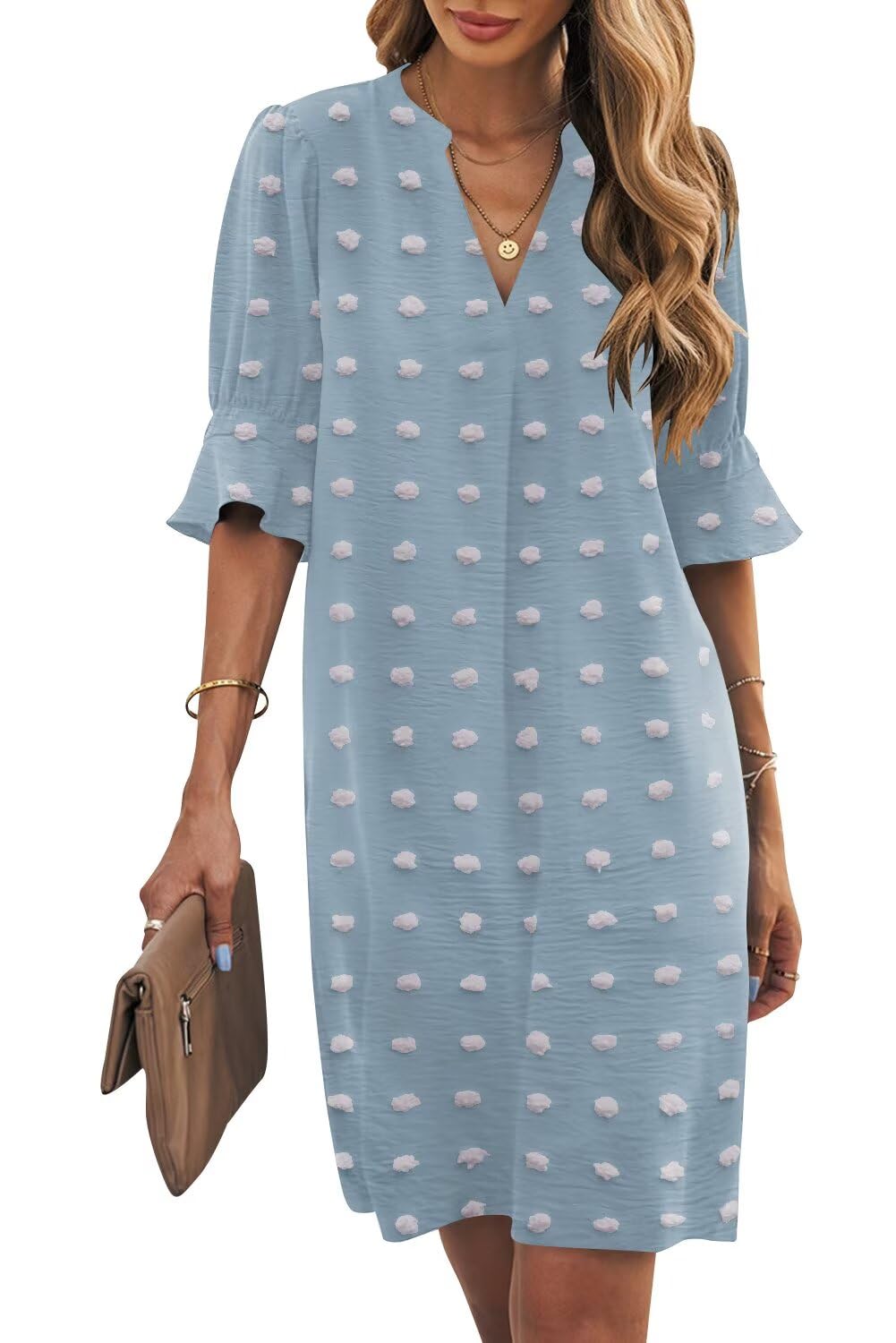 Wkior Womens Summer Ruffle Short Sleeve V Neck Shift Dress