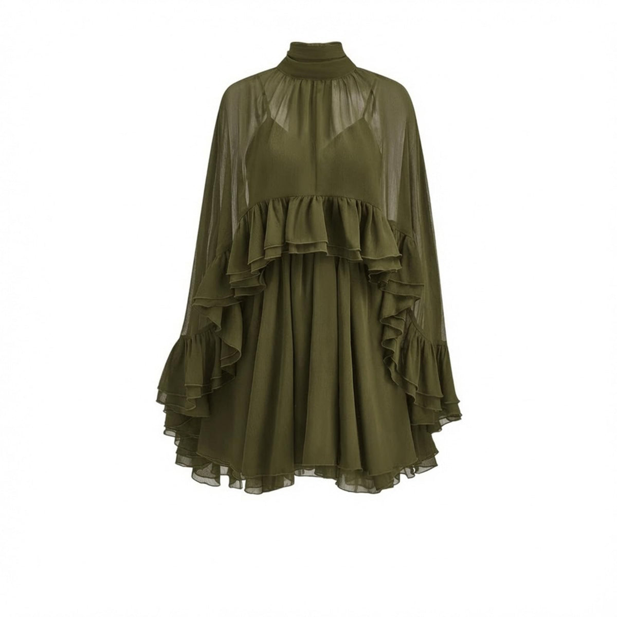 Women’s Semi Sheer Chiffon Ruffle Dress with Outer Cape, Poncho Sleeve Flowy Mini Dress, Loose Fit Elegant Summer Dress