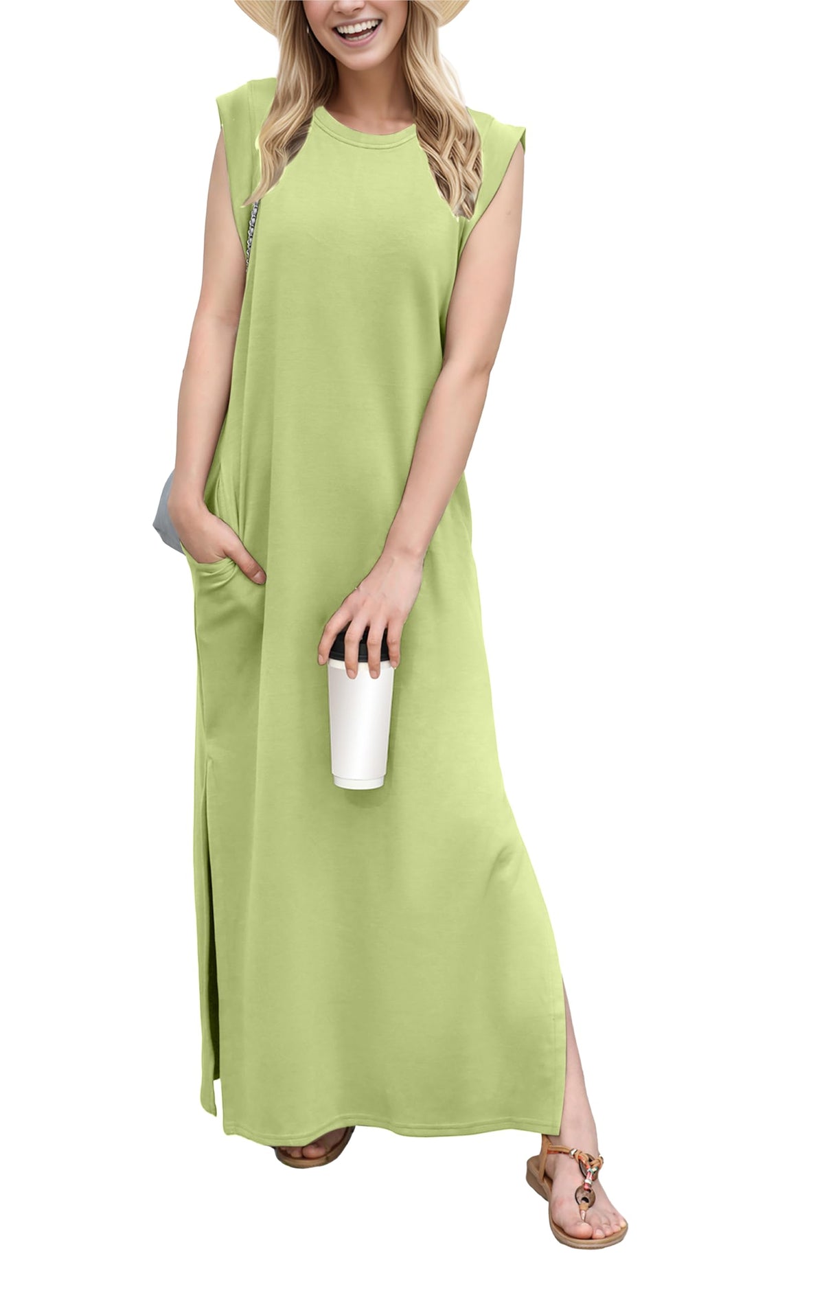 GRECERELLE 2026 Women Year-Round Casual Round Neck Loose Split Wrinkle-Free Long Maxi Vacation Dress with Pockets (XXS-4XL)