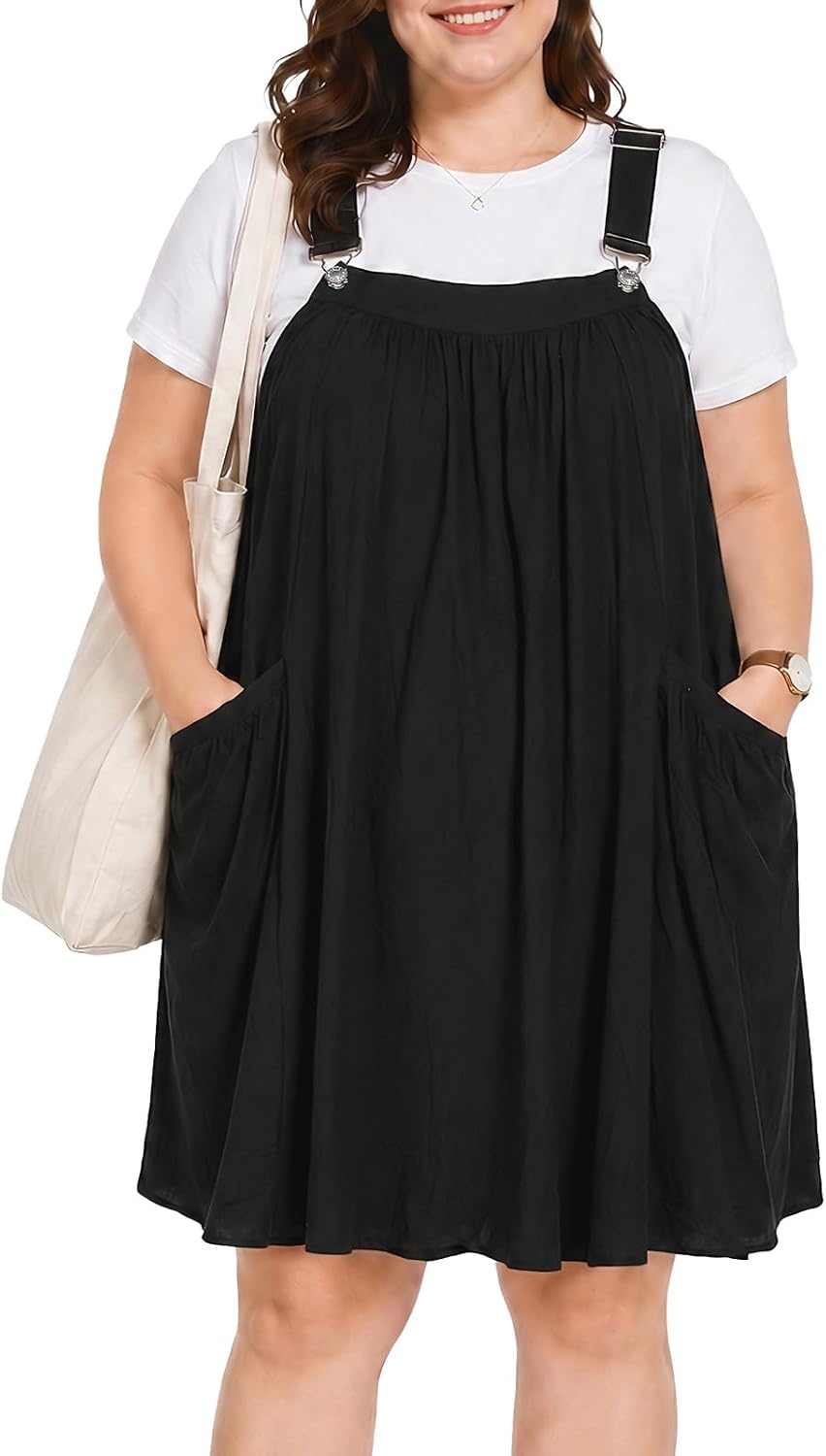 Moon Wood Plus Size Cotton Overall Dress for Women Jumper Dress with Pockets Summer Casual Mini Dress