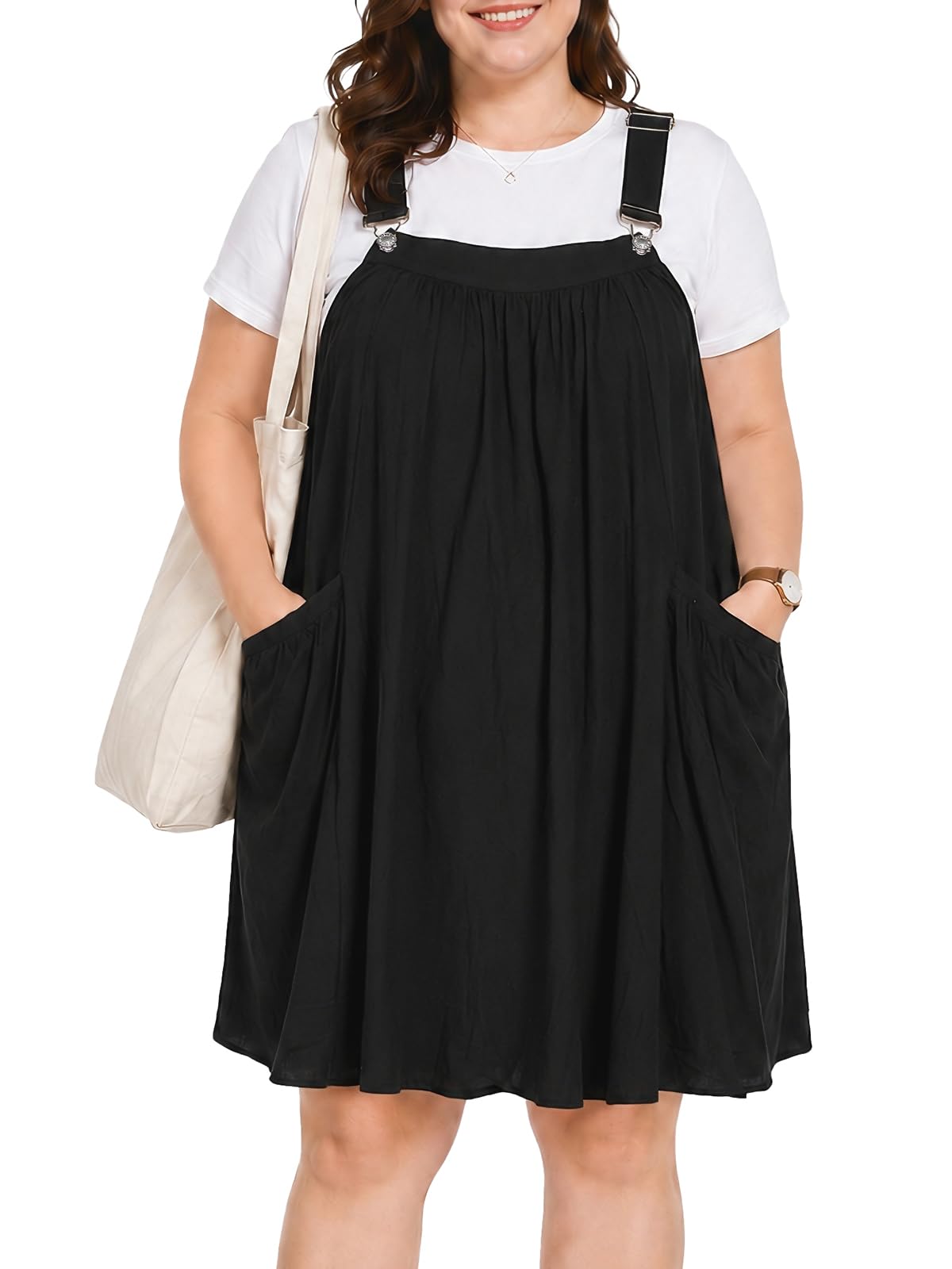 Moon Wood Plus Size Cotton Overall Dress for Women Jumper Dress with Pockets Summer Casual Mini Dress