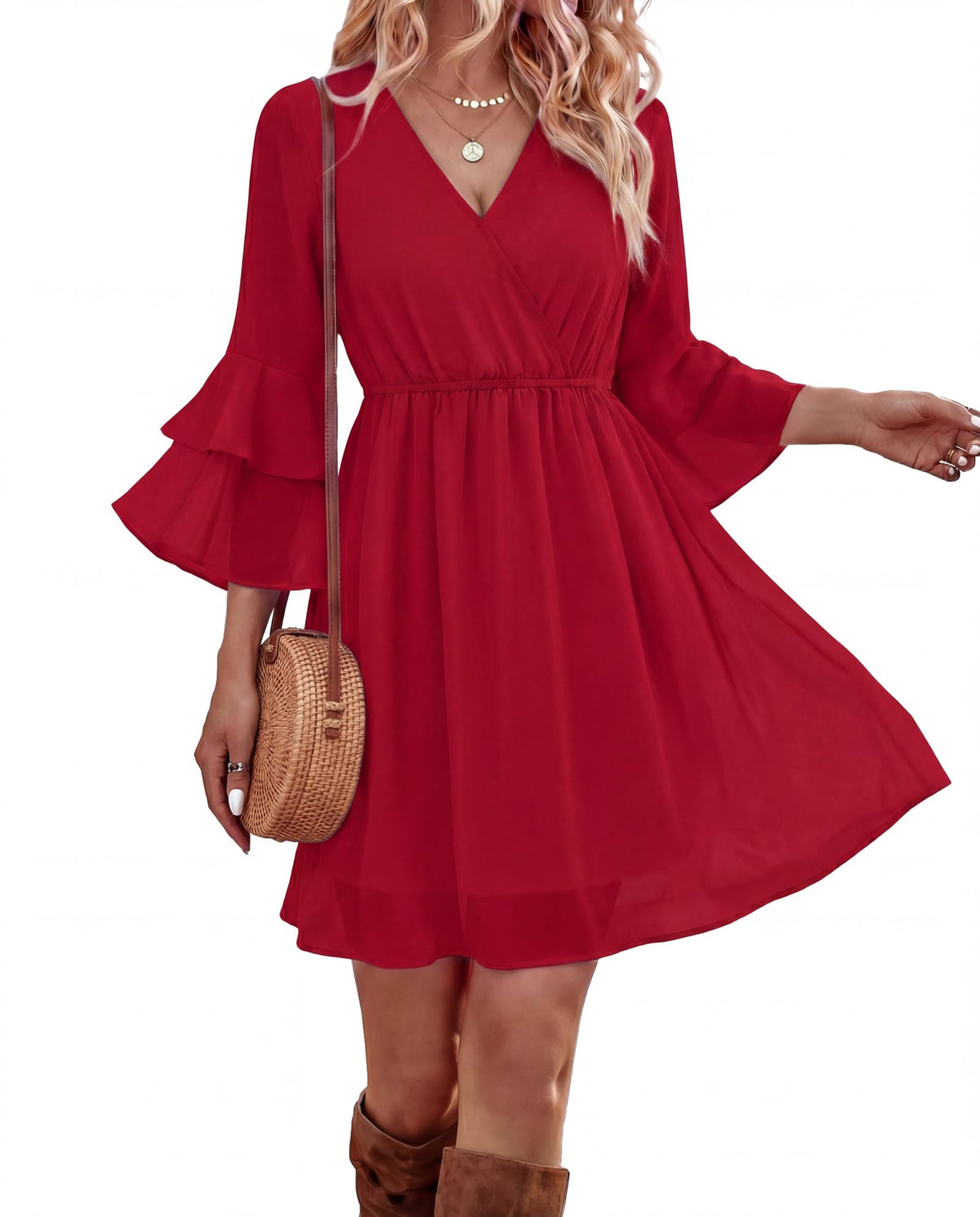 Bebonnie Womens 3/4 Ruffle Sleeve Spring Summer Casual V Neck Flowy Chiffon Layers Dresses