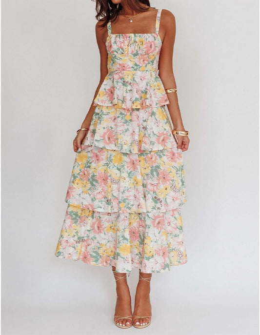 ABYOVRT Women Floral Maxi Dress Sleeveless Bow Back Tiered Boho Flowy Long Dresses Summer Fall