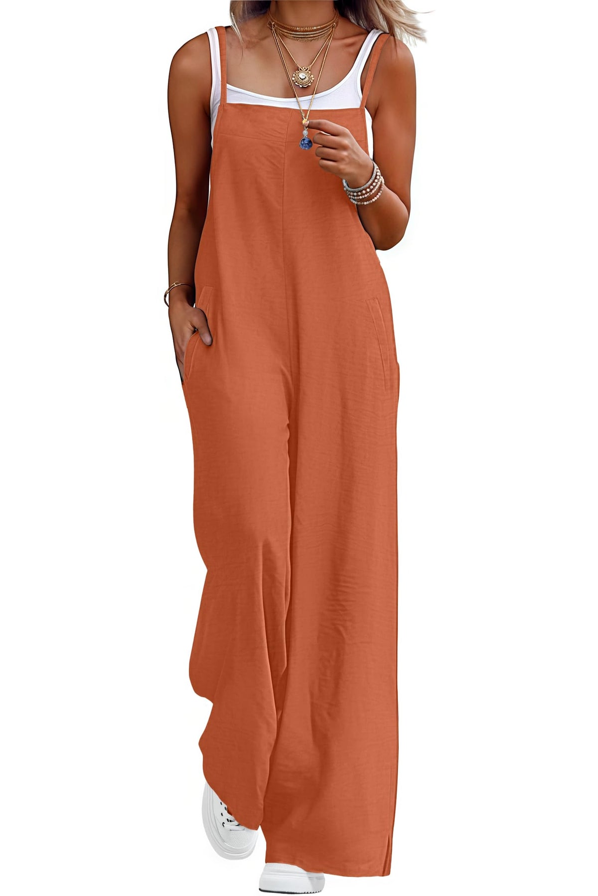 Lepunuo Womens Casual Loose Jumpsuits Summer Boho Wide Leg Rompers Sleeveless Overalls with Pockets