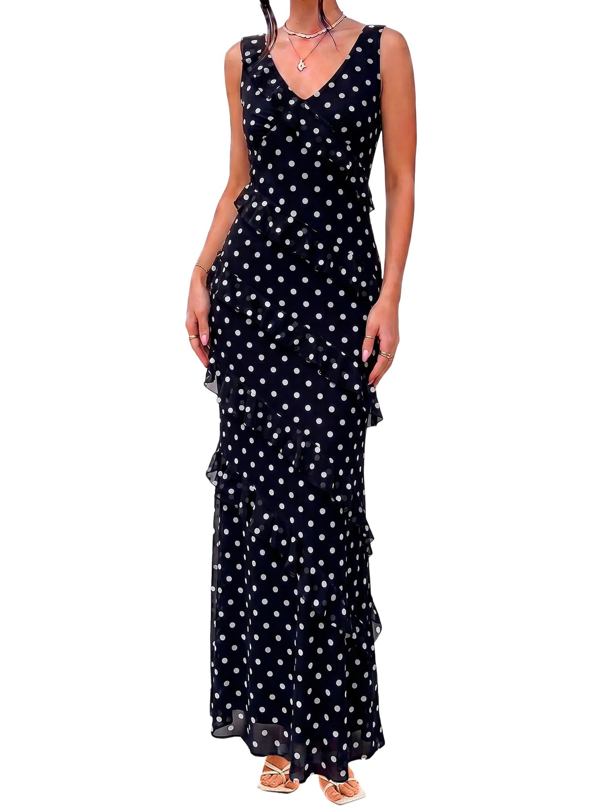 HOCILLE Women's Sexy V Neck Backless Long Cocktail Dress Bodycon Elegant Ruffle Maxi Wedding Guest Party Dresses