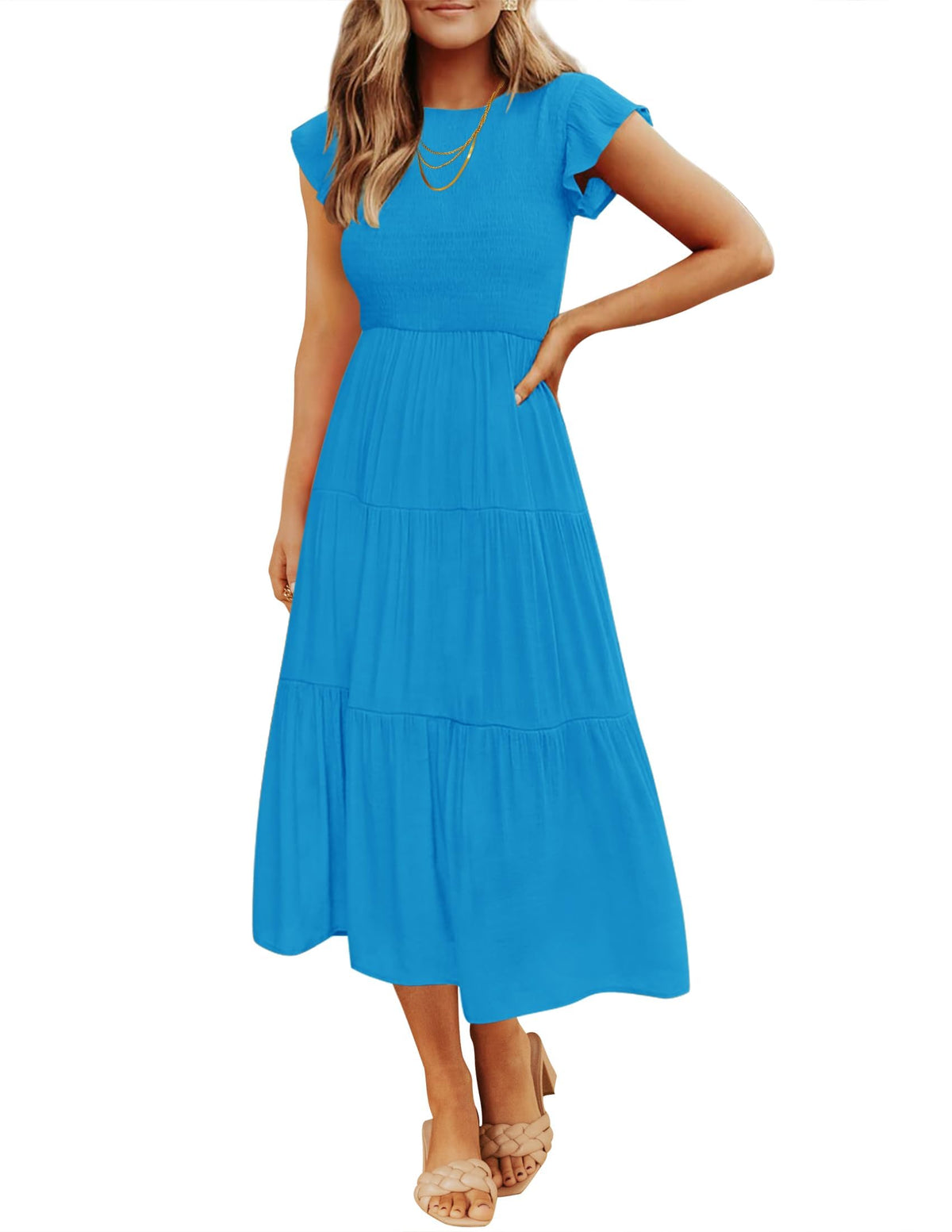 ZESICA Women's 2026 Summer Casual Flutter Short Sleeve Smocked Midi Dress