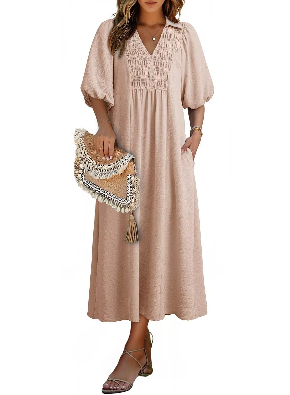 Dokotoo Summer Dresses for Women 2026 Casual Dresses V Neck Puff Sleeve Empire Waist A-Line Maxi Dress