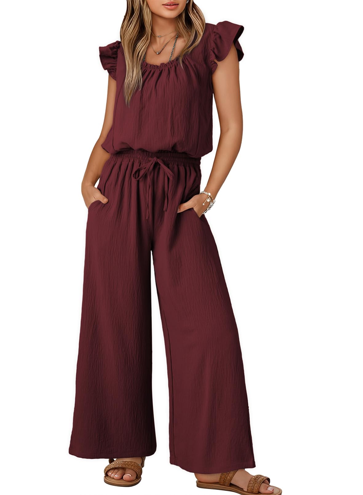 Dokotoo Jumpsuits for Women 2026 Summer Ruffle Sleeves Square Neck Rompers Drawstring Overalls with Pockets