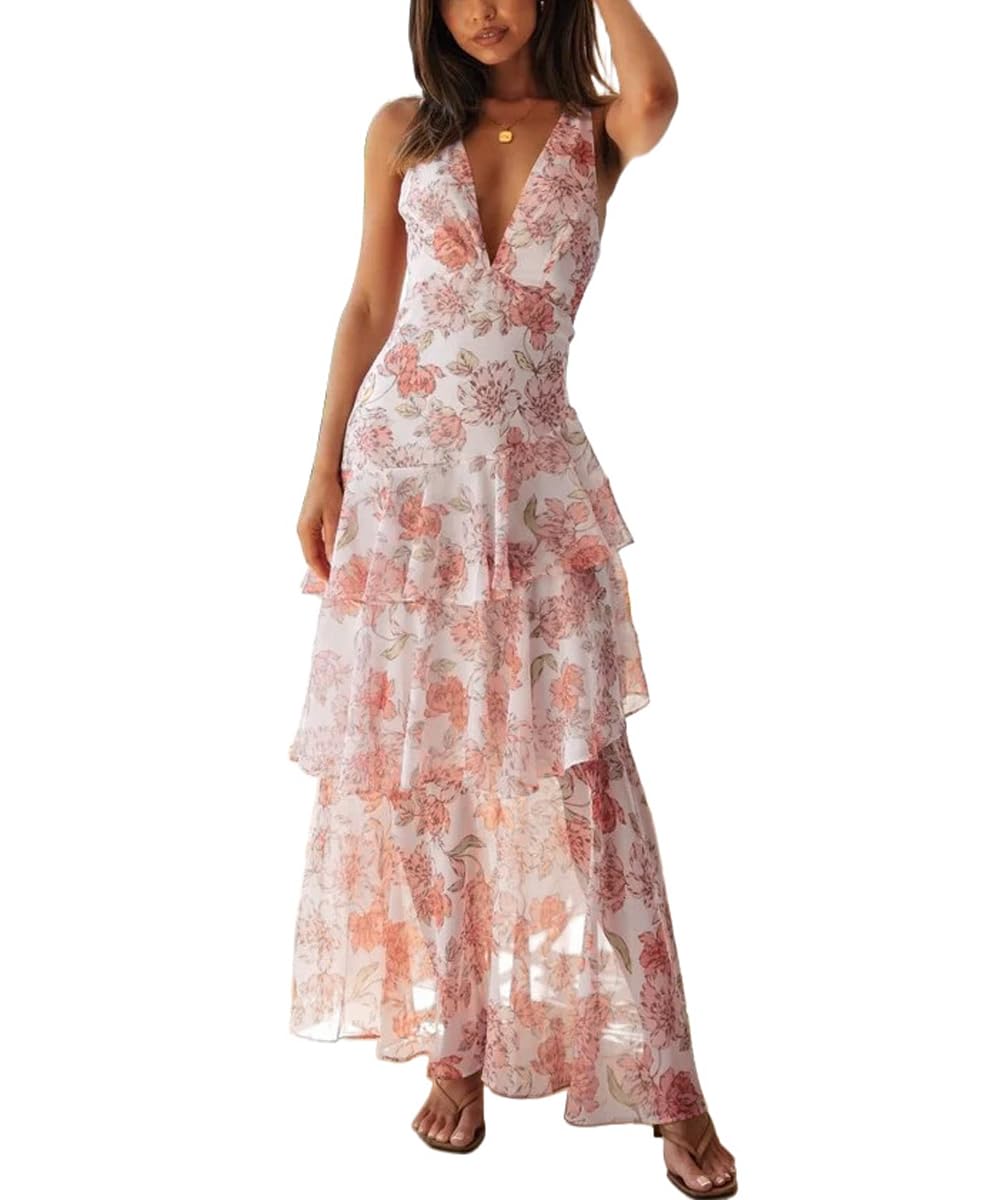 Women's Floral Maxi Dress Sexy Deep V Neck Backless Ruffles Dresses Beach Party Wedding Guest Dress
