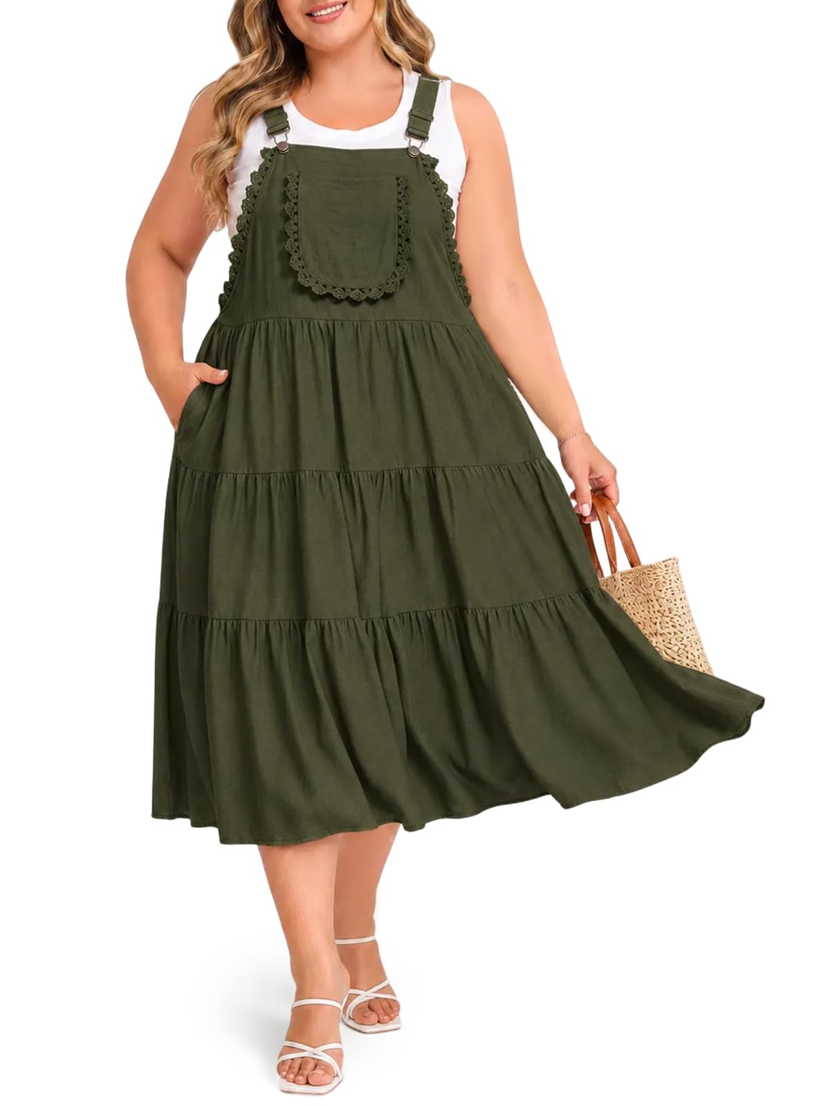 Moon Wood Plus Size Overall Dress for Women Casual Bib Jumper Dress Summer Maxi Dress with Pockets Adjustable Straps