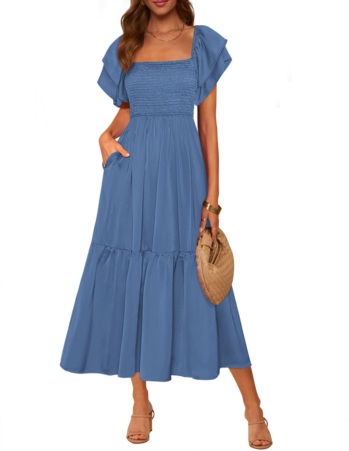 MASCOMODA Womens Summer Casual Smocked Flowy Midi Dress