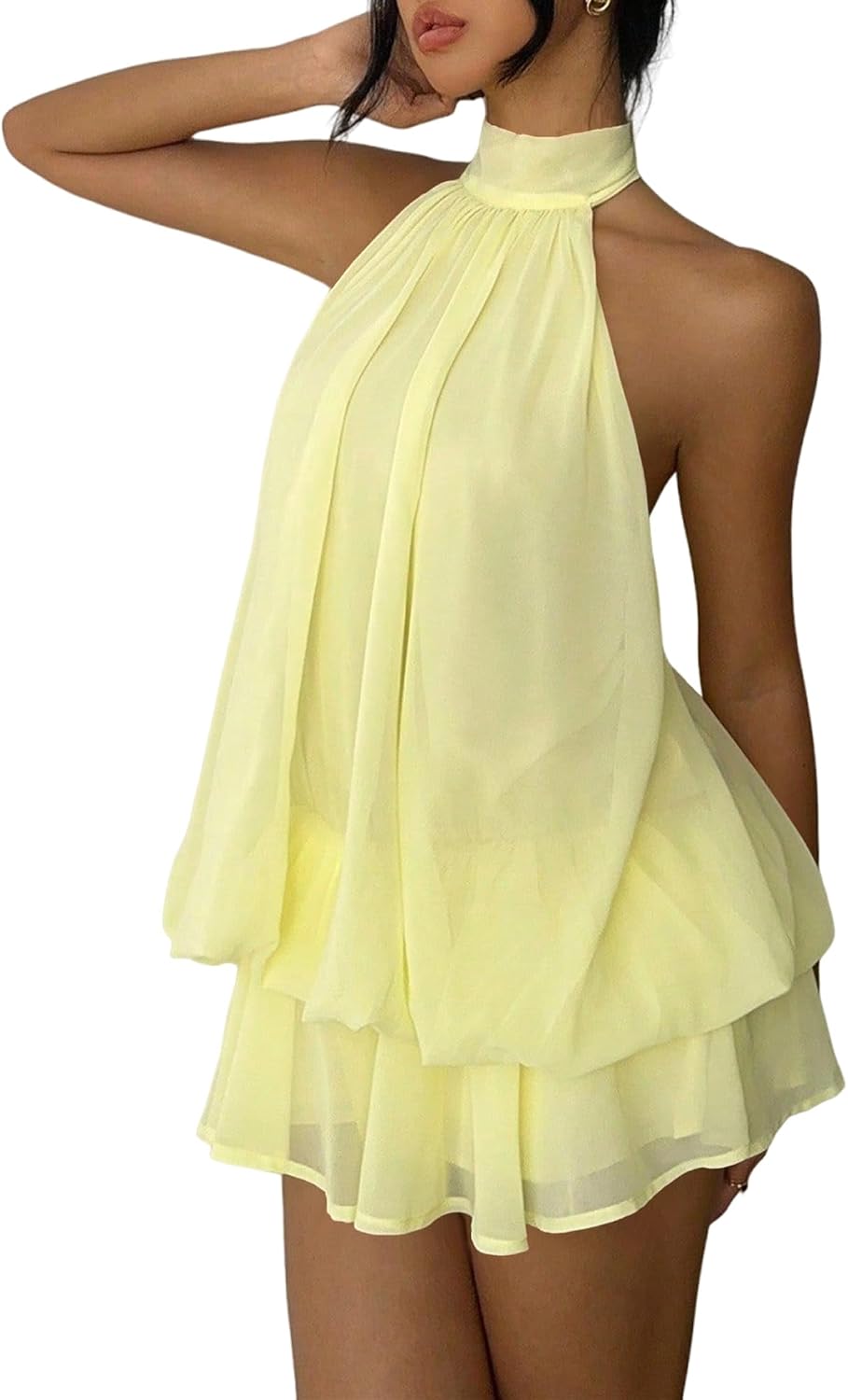 Women's Chiffon Halter Drop Waist Mini Dress Wedding Guest Dresses Ruffle Formal Holiday Club Brunch Outfits