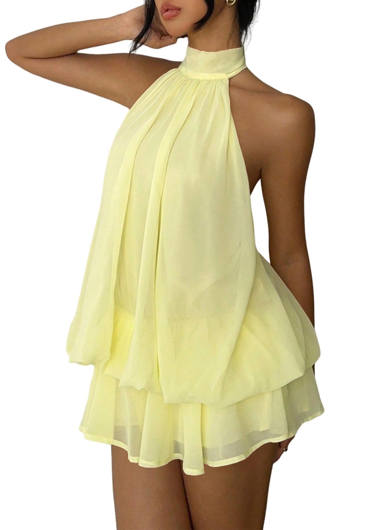 Women's Chiffon Halter Drop Waist Mini Dress Wedding Guest Dresses Ruffle Formal Holiday Club Brunch Outfits