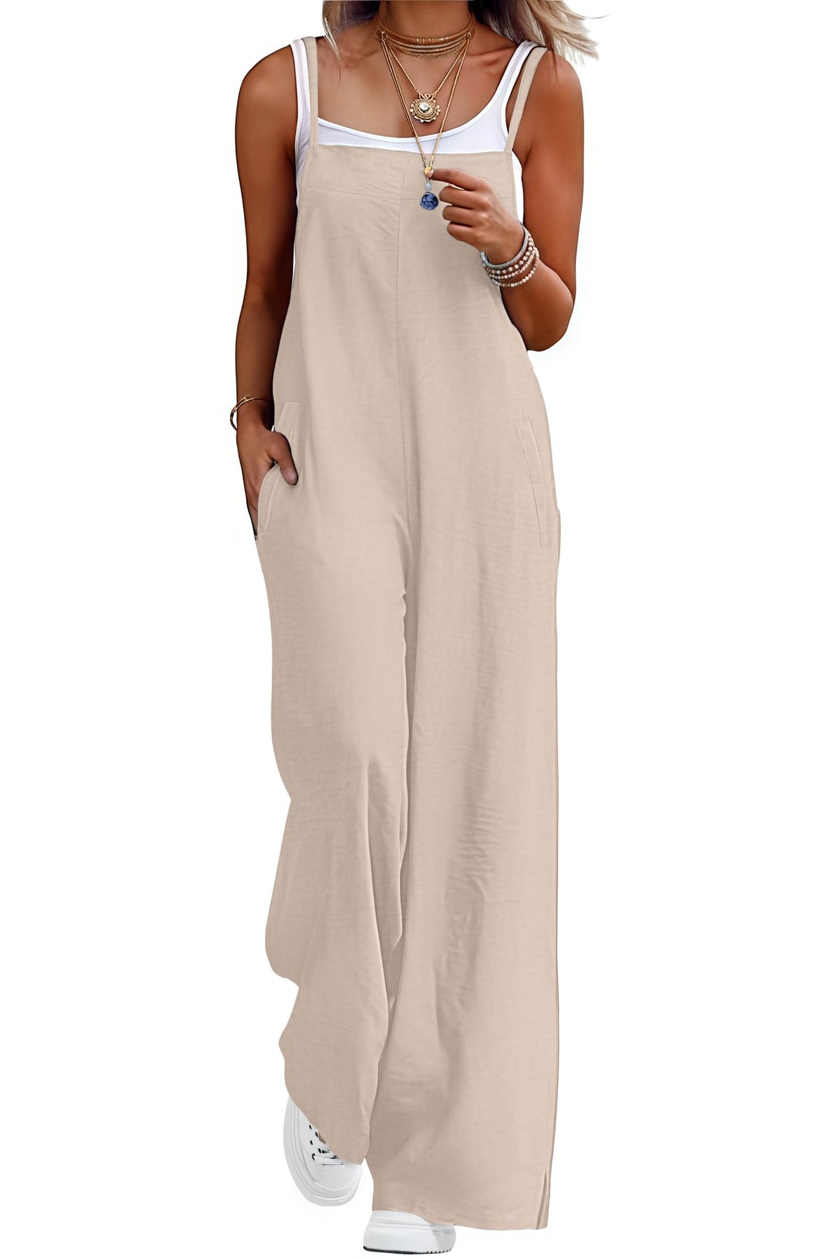 Lepunuo Womens Casual Loose Jumpsuits Summer Boho Wide Leg Rompers Sleeveless Overalls with Pockets