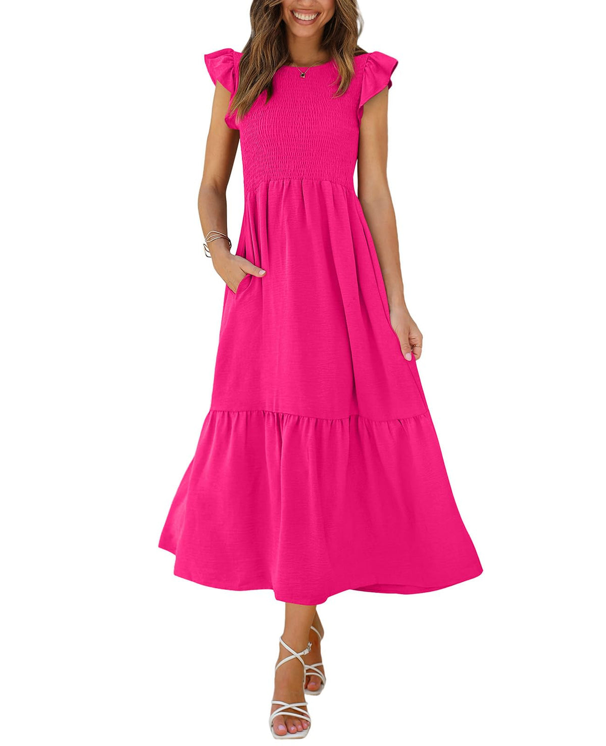 OFEEFAN Women's Casual Maxi Dresses with Pockets Ruffle Sleeve Smocked Dress XS-2XL