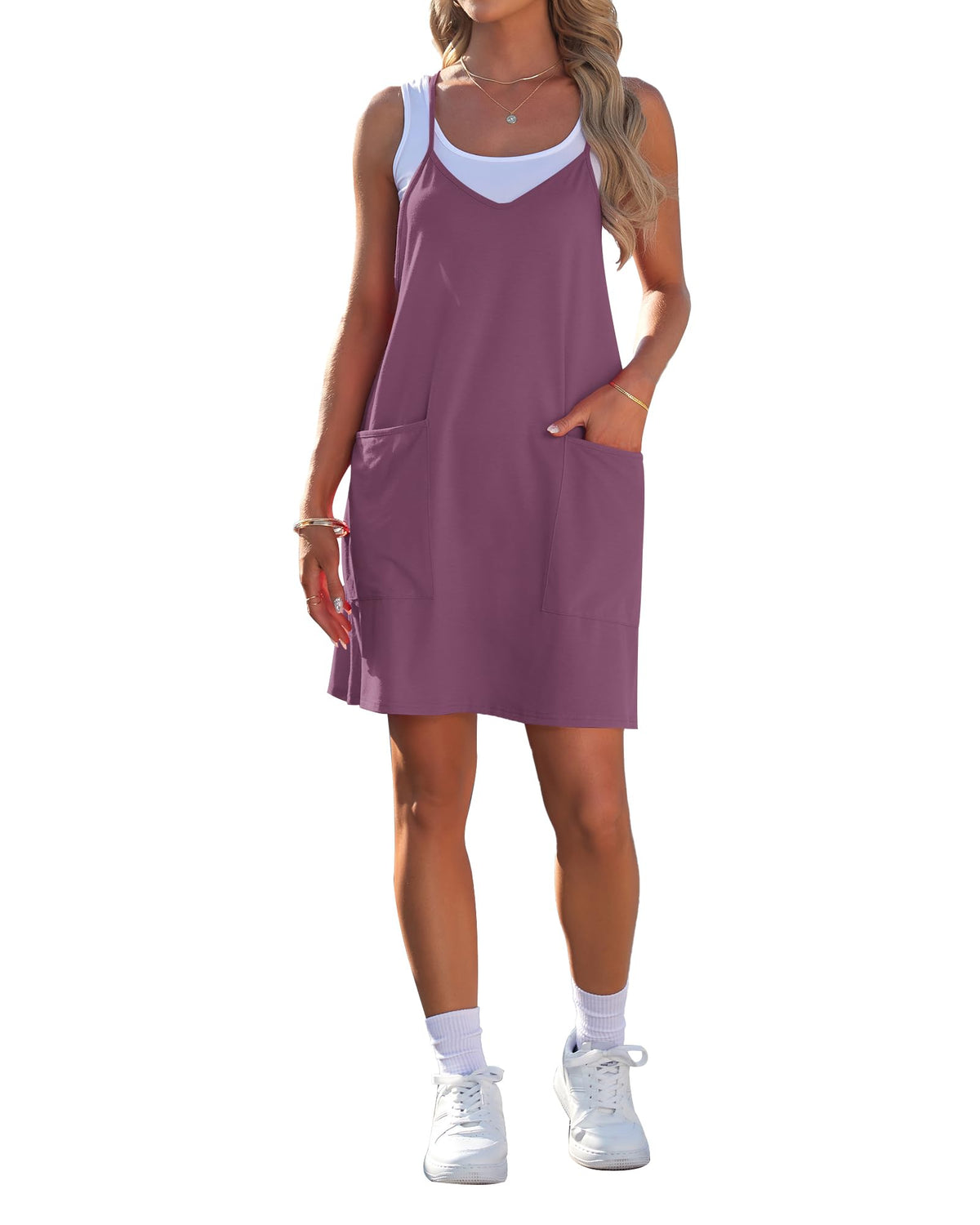 AUSELILY Womens Summer Casual Spaghetti Strap Mini Dress with Pockets