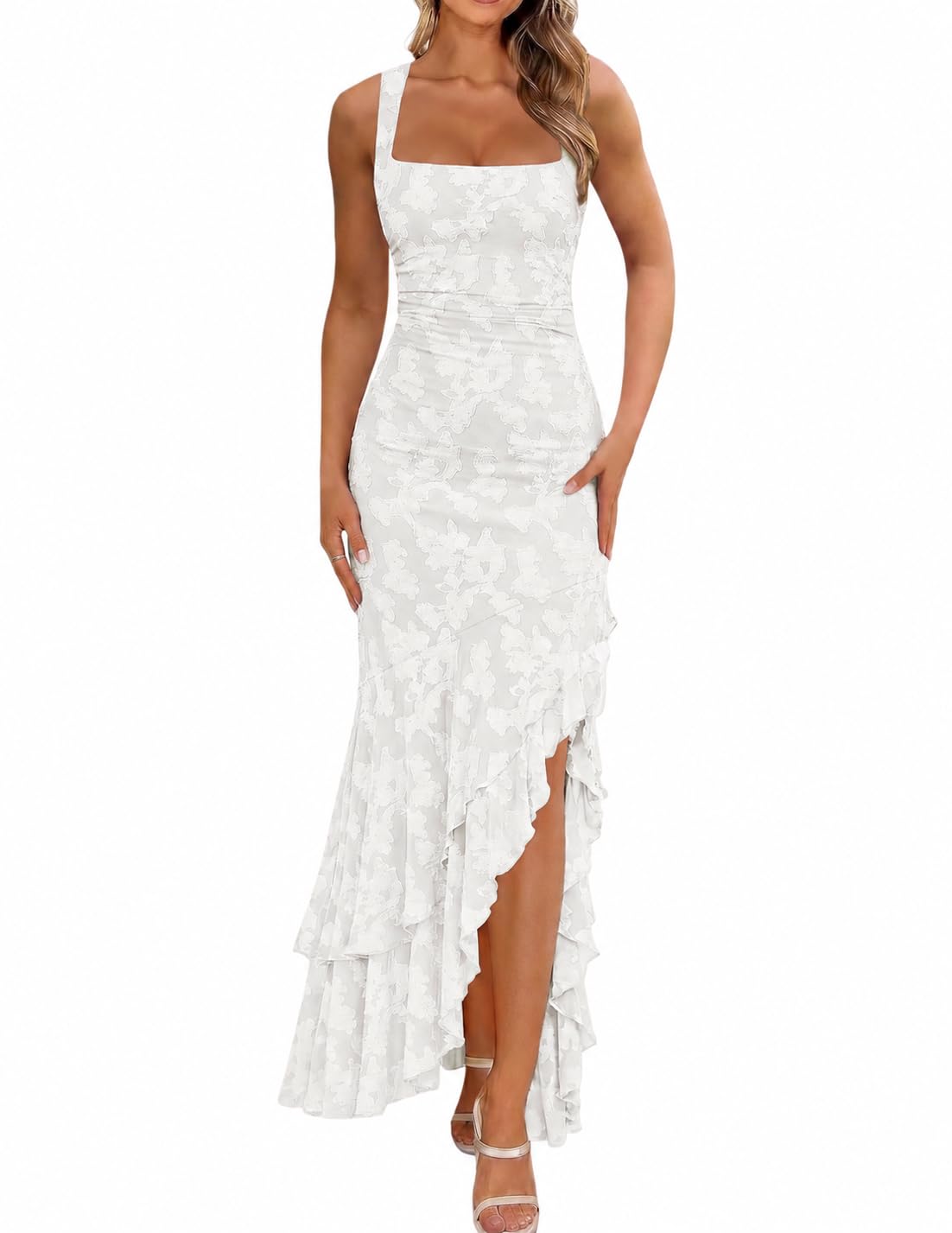 BORIFLORS Women's Elegant Ruched Floral Maxi Wedding Guest Dress