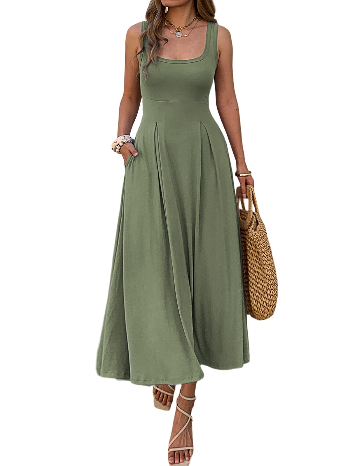 Mieazom Women's Summer Sleeveless Empire Maxi Dress Square Neck A-Line Pleated Flowy Elegant Casual Dresses with Pockets