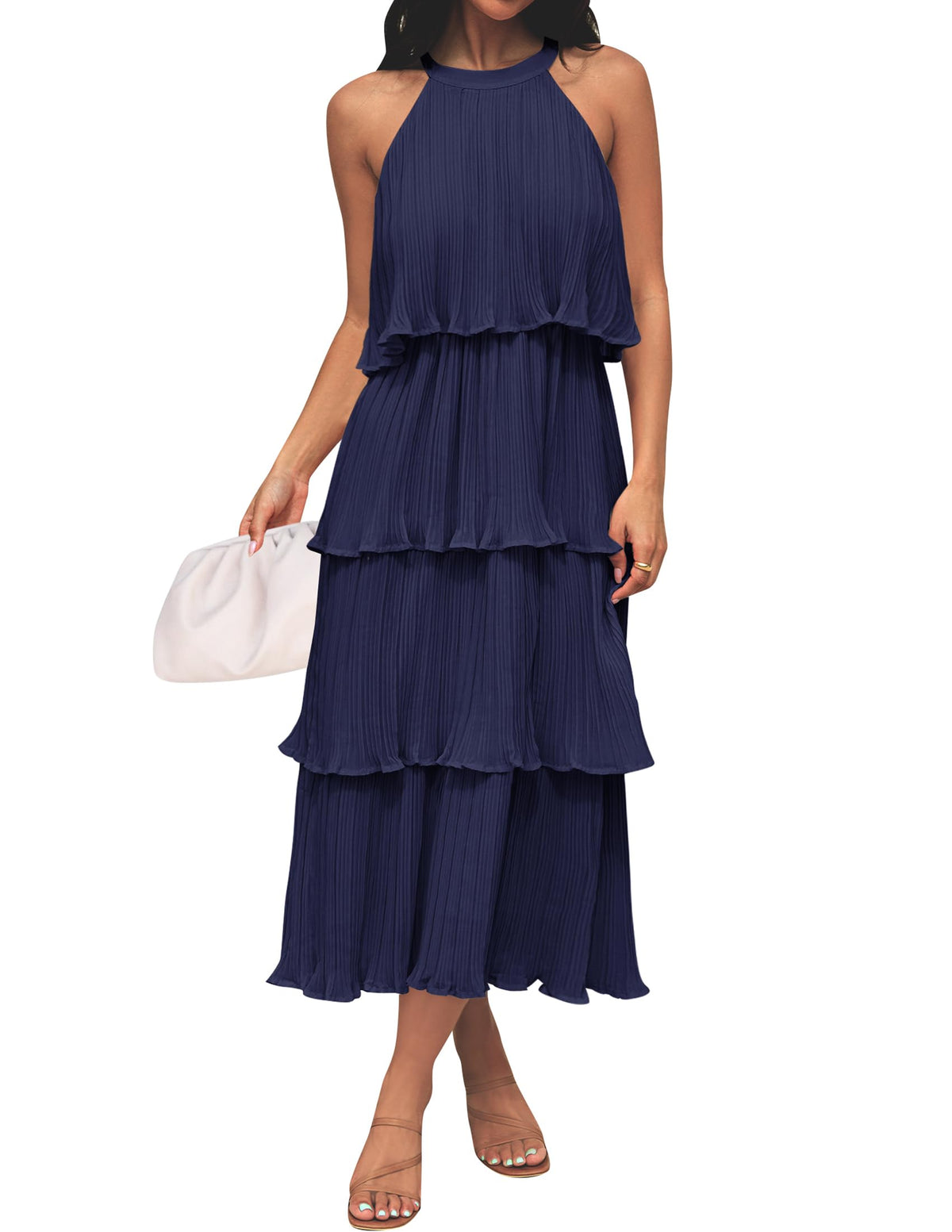 ZESICA Womens Summer Halter Ruffle Wedding Guest Midi Dresses
