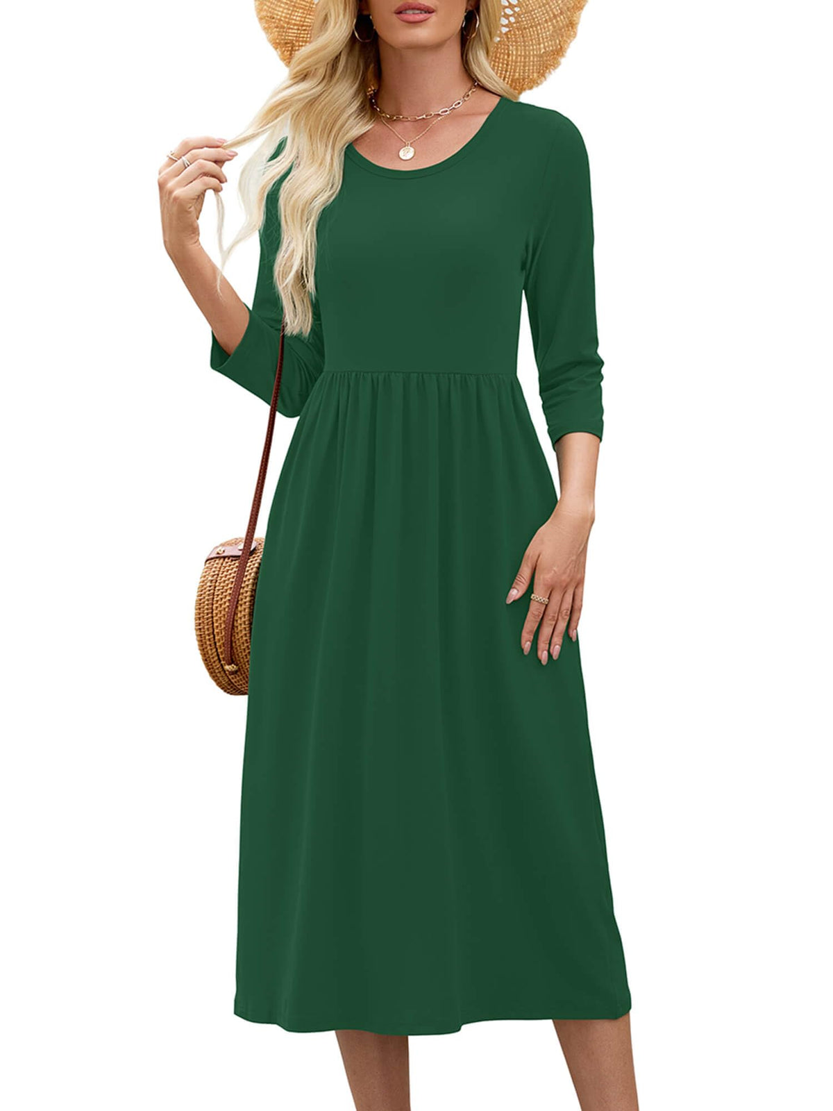 Heymoments Women's Casual 3/4 Sleeve Midi Dress with Pockets