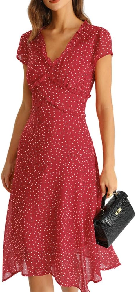 RIHOAS Women's Polka Dot Midi Dress Wrap V-Neck Short Sleeve Summer Dress