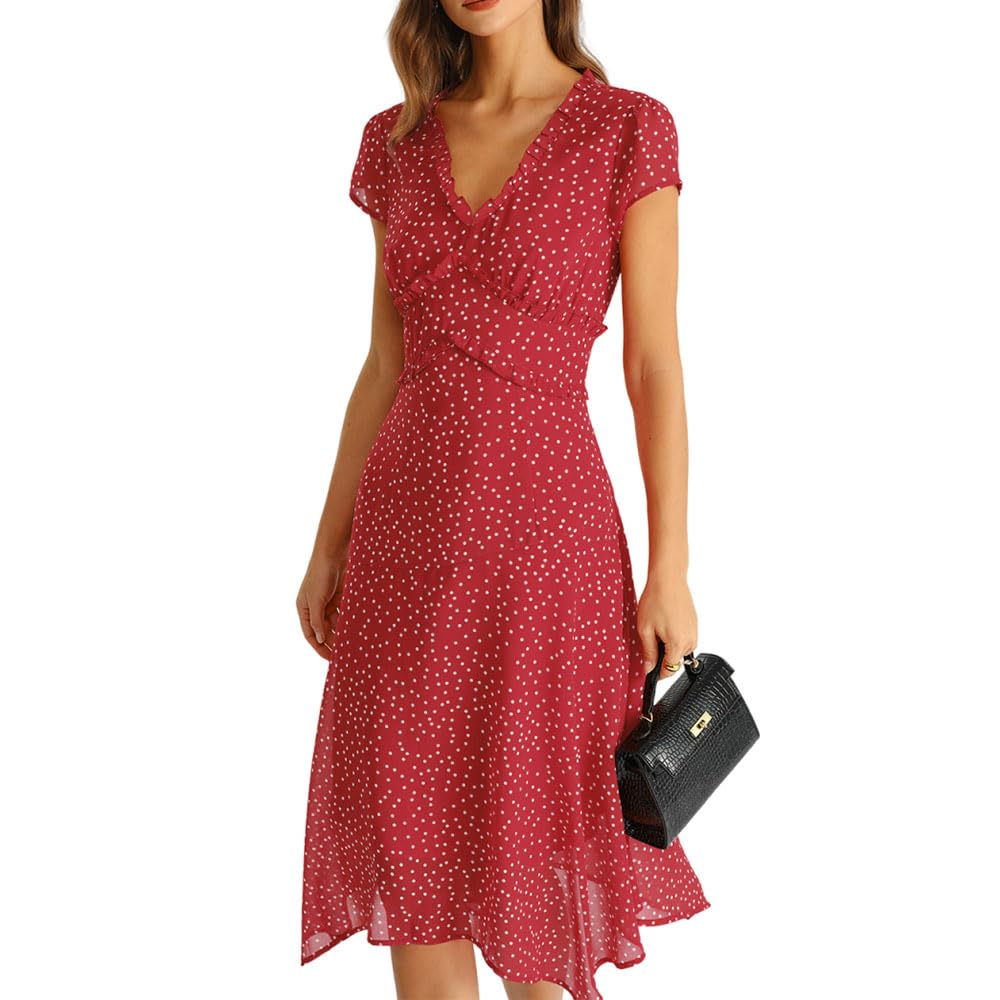 RIHOAS Women's Polka Dot Midi Dress Wrap V-Neck Short Sleeve Summer Dress