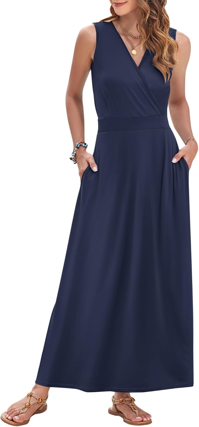 AUSELILY Womens Maxi Dress Summer Sleeveless Wrap Long Dresses with Pockets