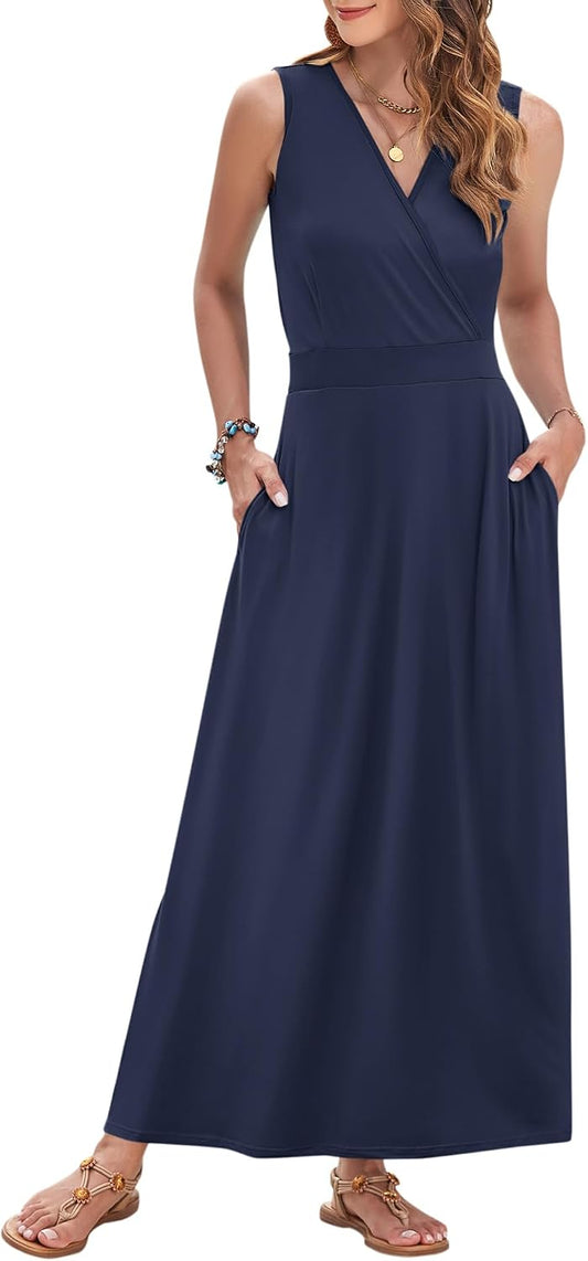 AUSELILY Womens Maxi Dress Summer Sleeveless Wrap Long Dresses with Pockets