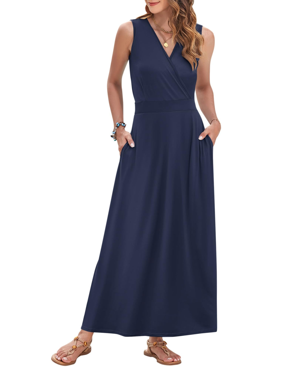 AUSELILY Womens Maxi Dress Summer Sleeveless Wrap Long Dresses with Pockets