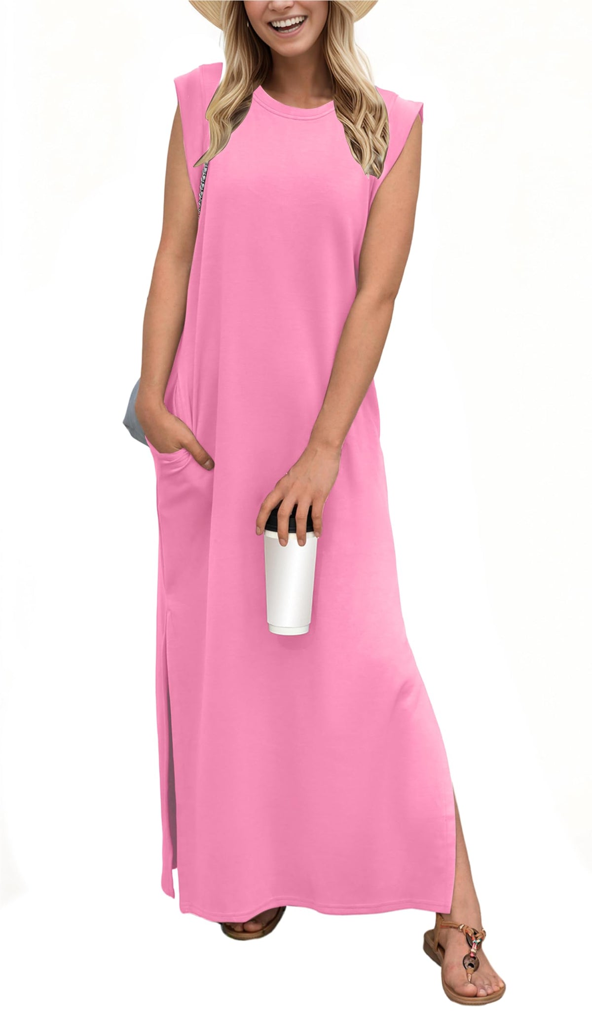 GRECERELLE 2026 Women Year-Round Casual Round Neck Loose Split Wrinkle-Free Long Maxi Vacation Dress with Pockets (XXS-4XL)