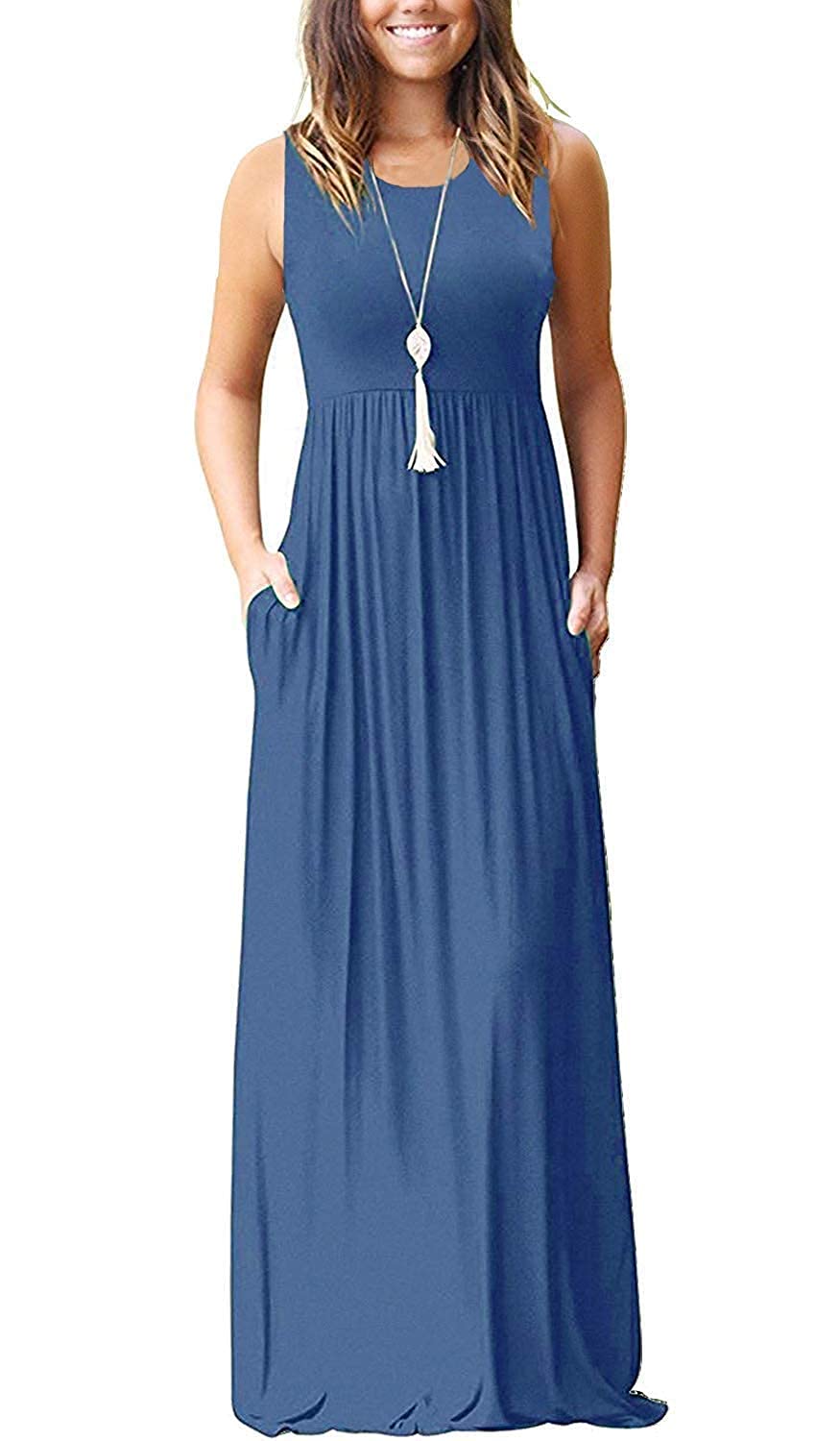 AUSELILY Women's Summer Sleeveless Loose Plain Casual Long Maxi Dresses
