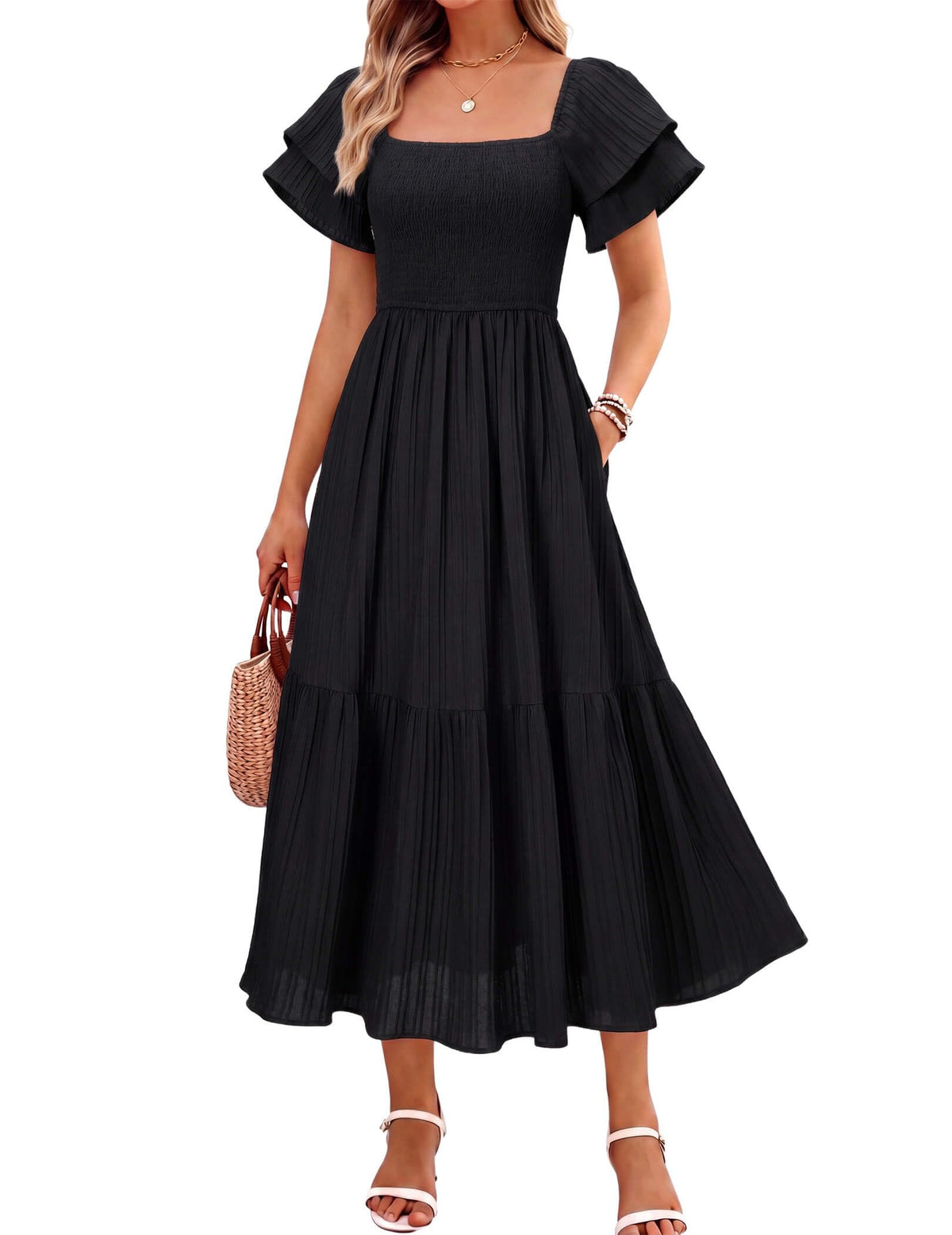 Women's Summer Midi Dress Short Sleeve Square Neck Off Shoulder Ruffle Elastic High Waist Vacation Dress with Pockets