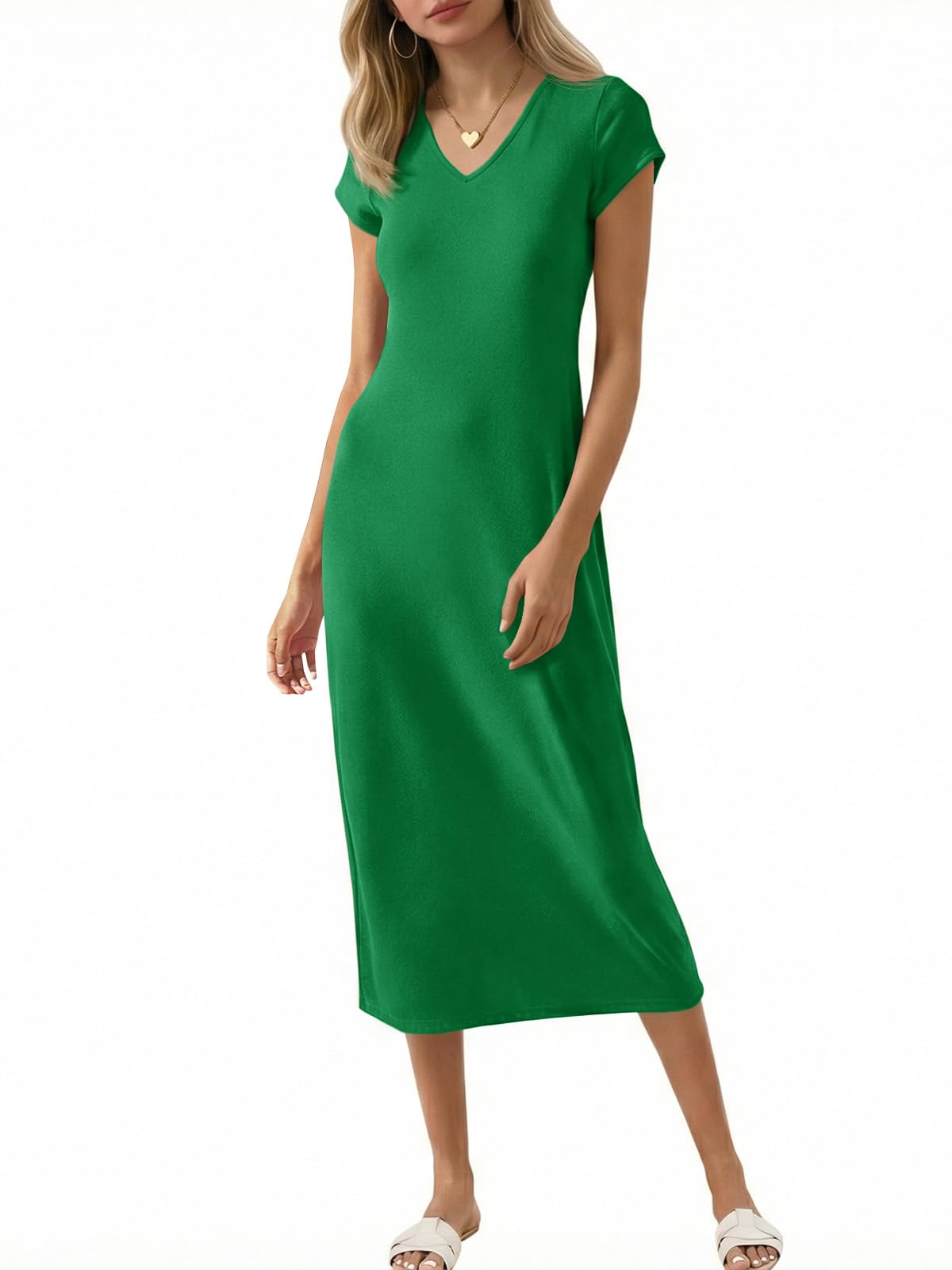 Wenrine Womens Short Sleeve T-Shirt Dress V Neck Summer Casual Midi Dresses