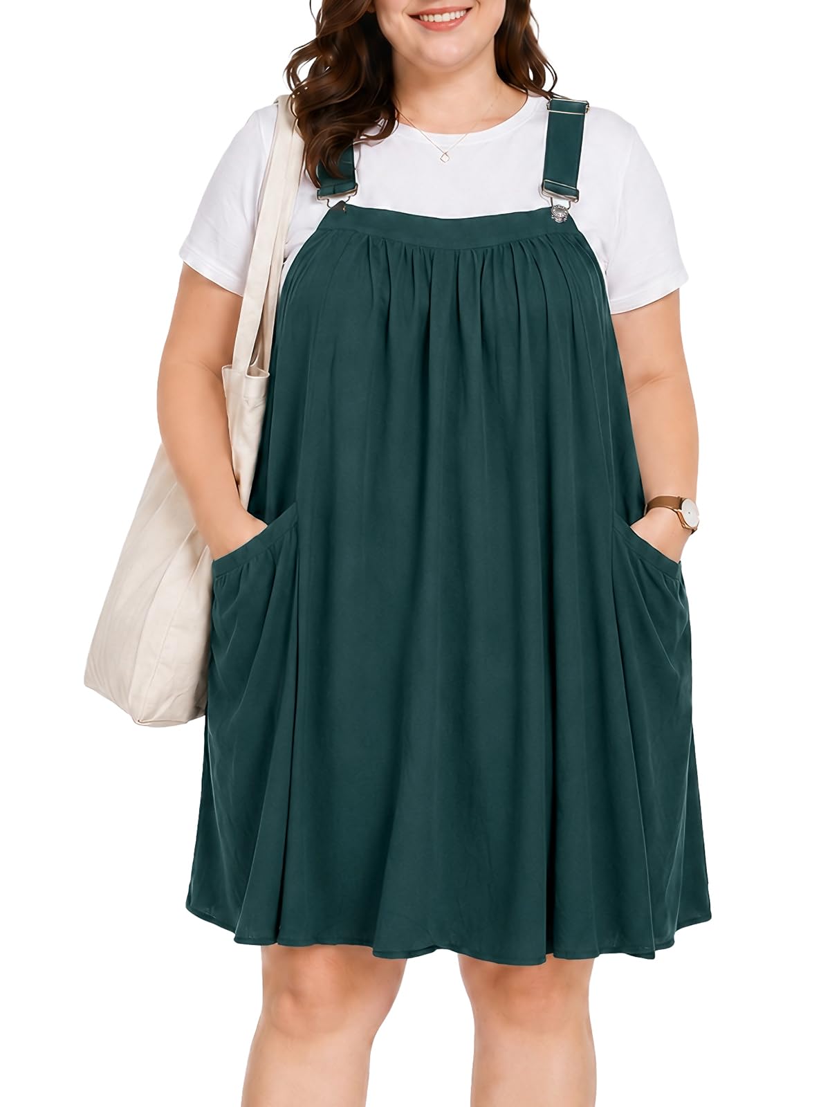 Moon Wood Plus Size Cotton Overall Dress for Women Jumper Dress with Pockets Summer Casual Mini Dress