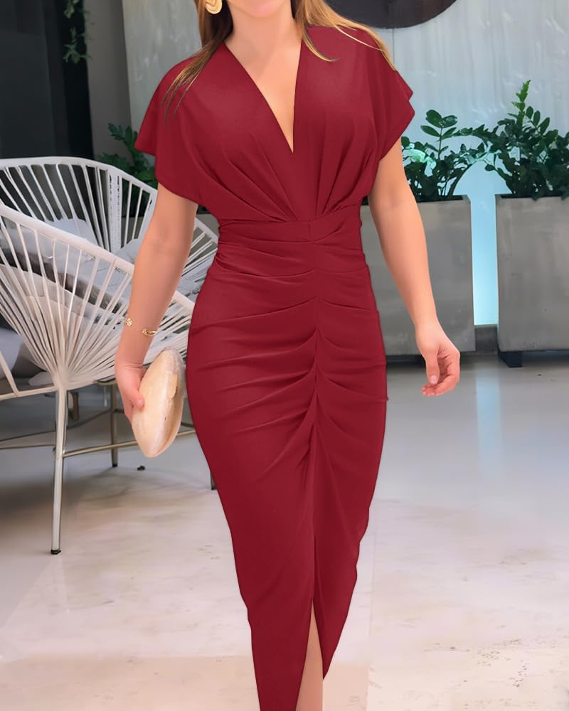 CHICME Dresses for Women Floral Plunge V Neck Ruched Midi Dress