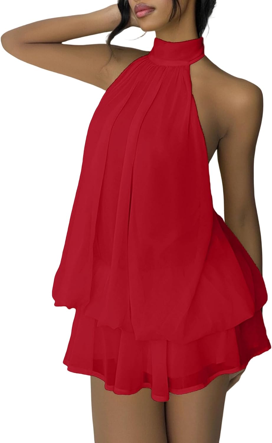 SHINFY Women's Chiffon Halter Flowy Ruffle Backless Birthday Mini Dress