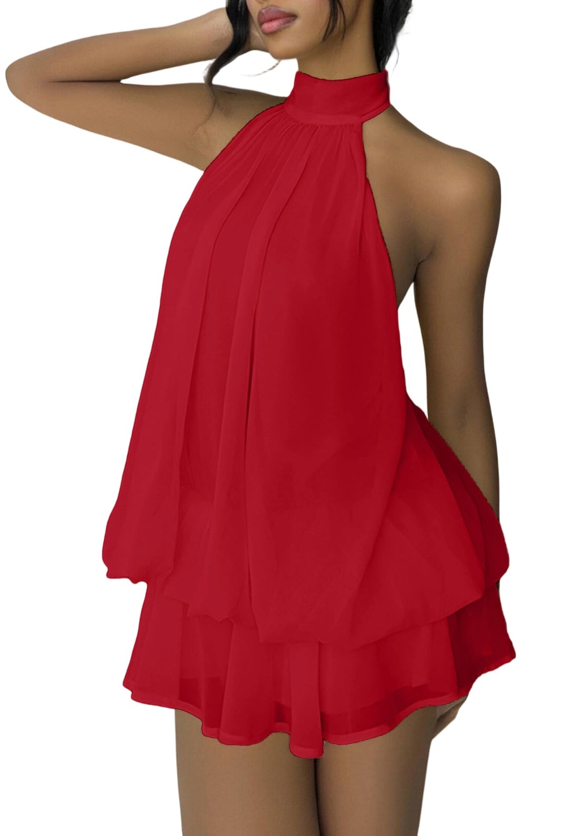 SHINFY Women's Chiffon Halter Flowy Ruffle Backless Birthday Mini Dress
